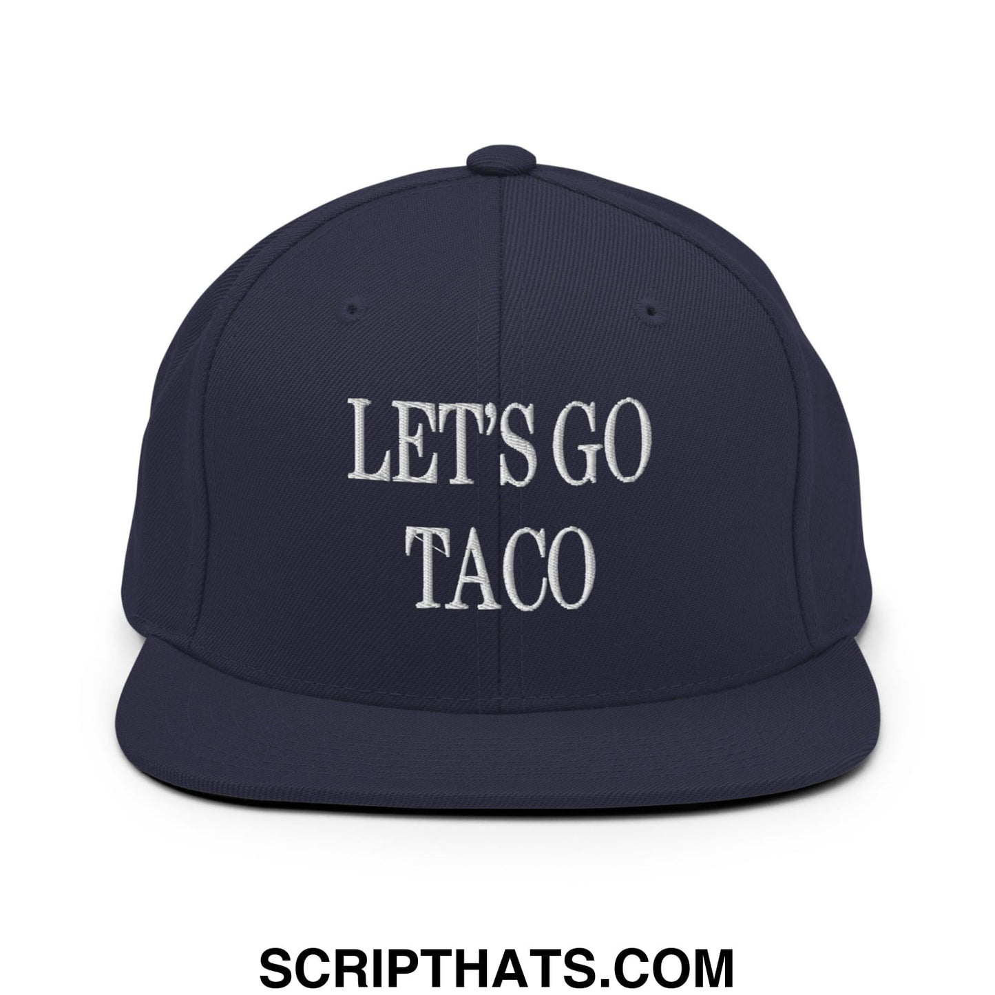 Navy blue snapback cap with white embroidered lets go taco text and flat bill brim for casual wear