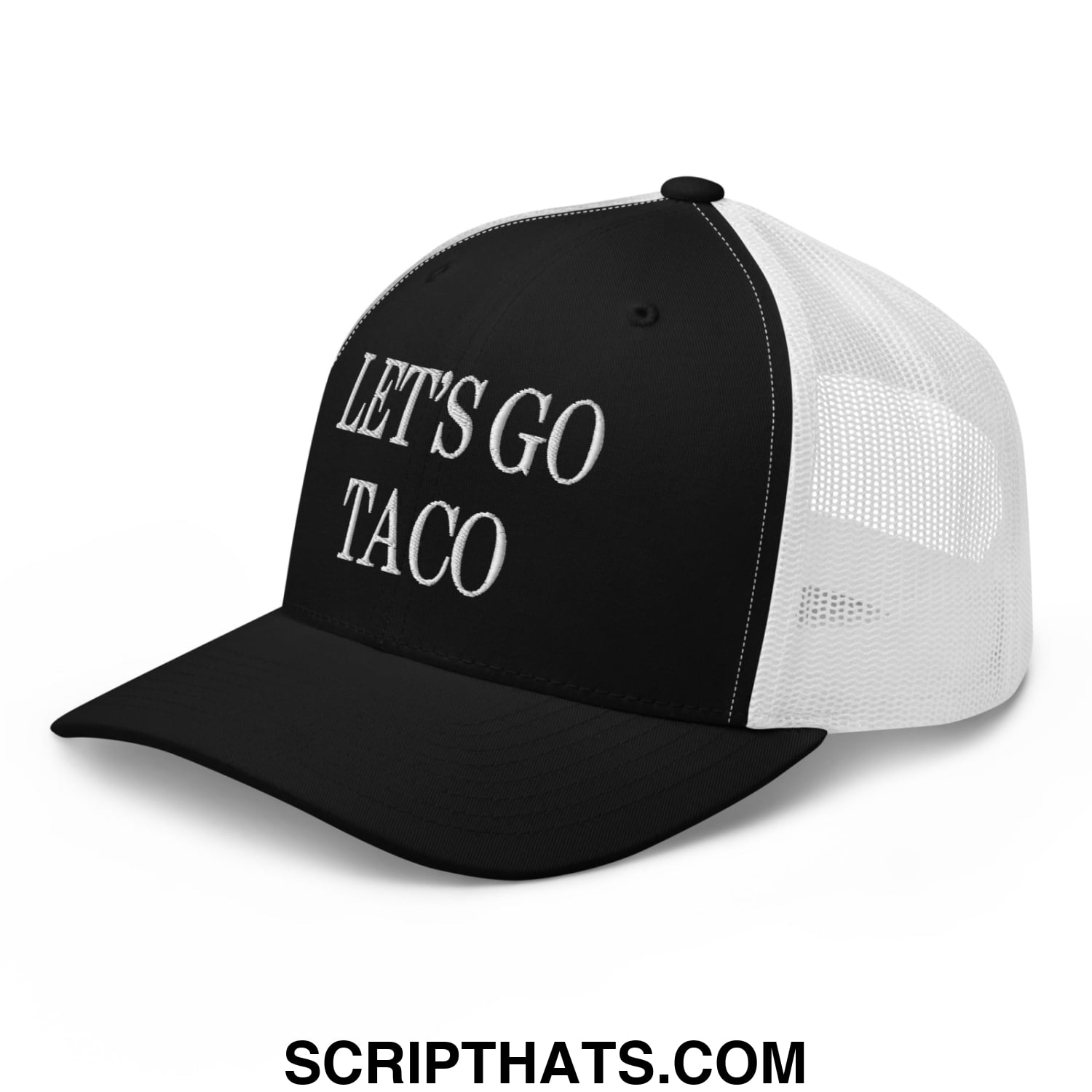 Black and white mesh trucker hat with lets go taco embroidered in silver thread on the front panel