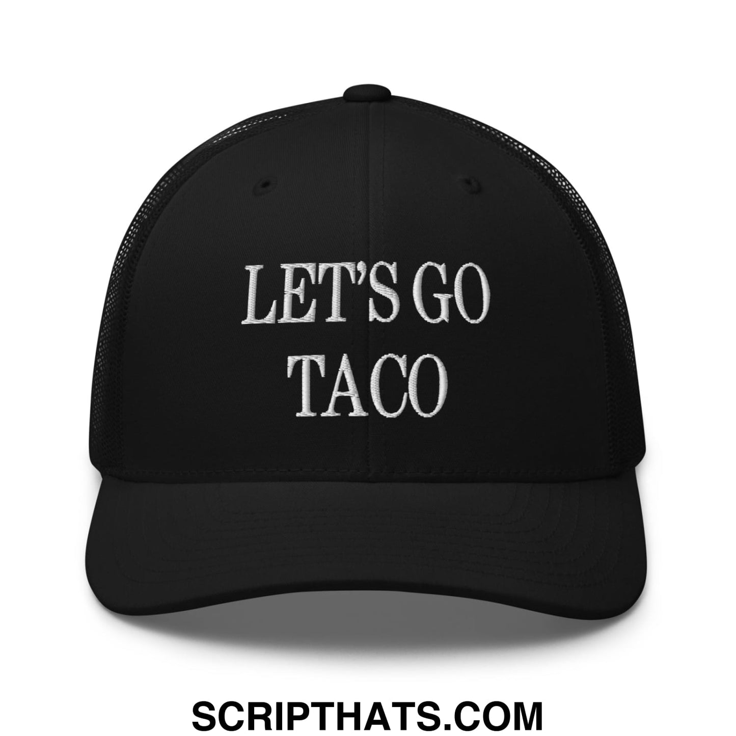 Black mesh trucker hat with white embroidered lets go taco text perfect for casual wear