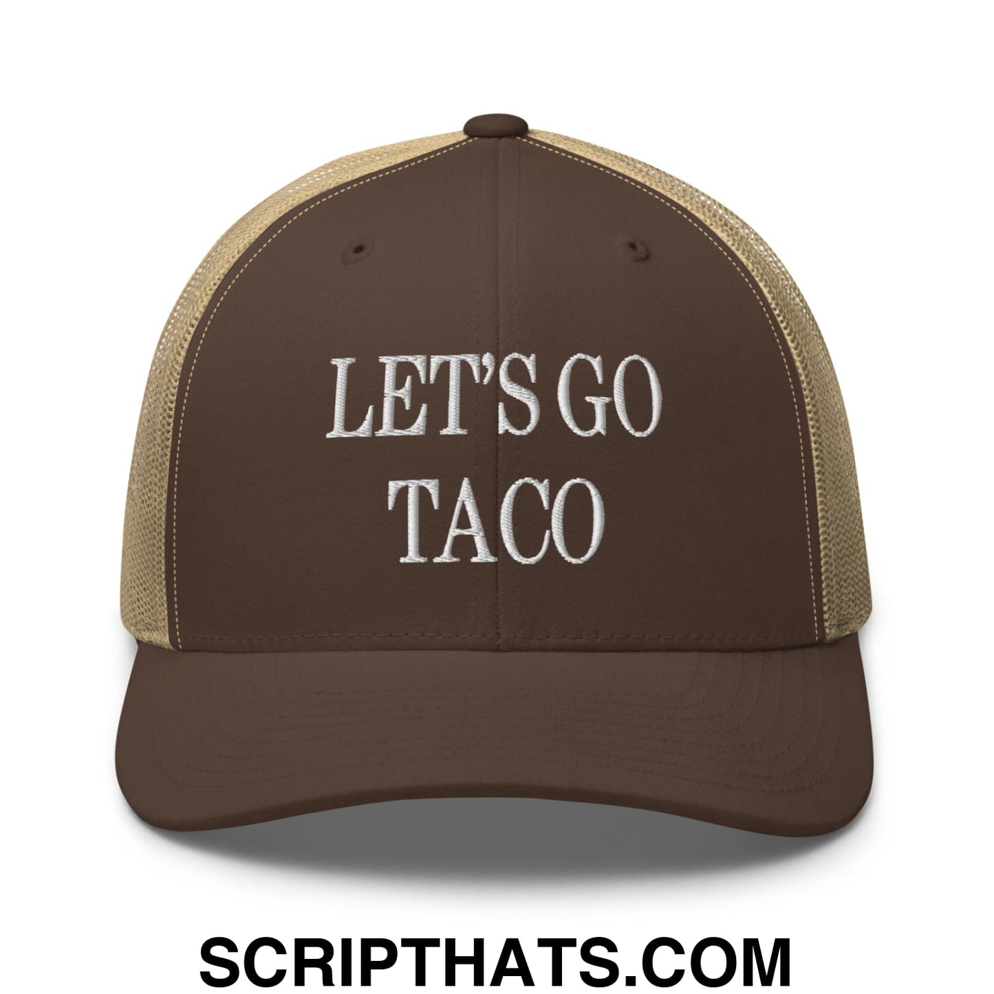 Let's Go Taco Embroidered Mesh Trucker Hat Brown Khaki