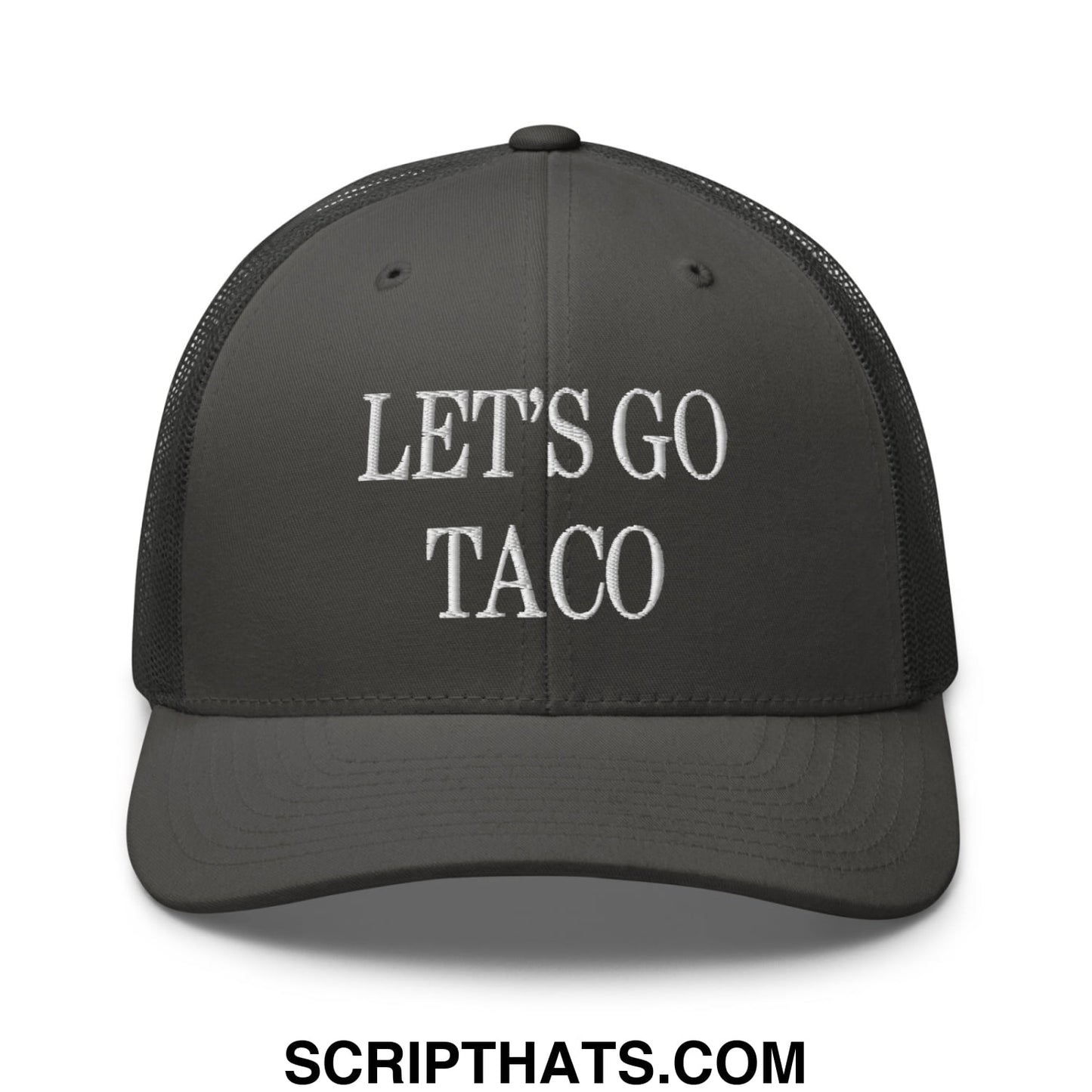 Dark gray mesh trucker hat with white embroidered lets go taco text ideal for casual wear