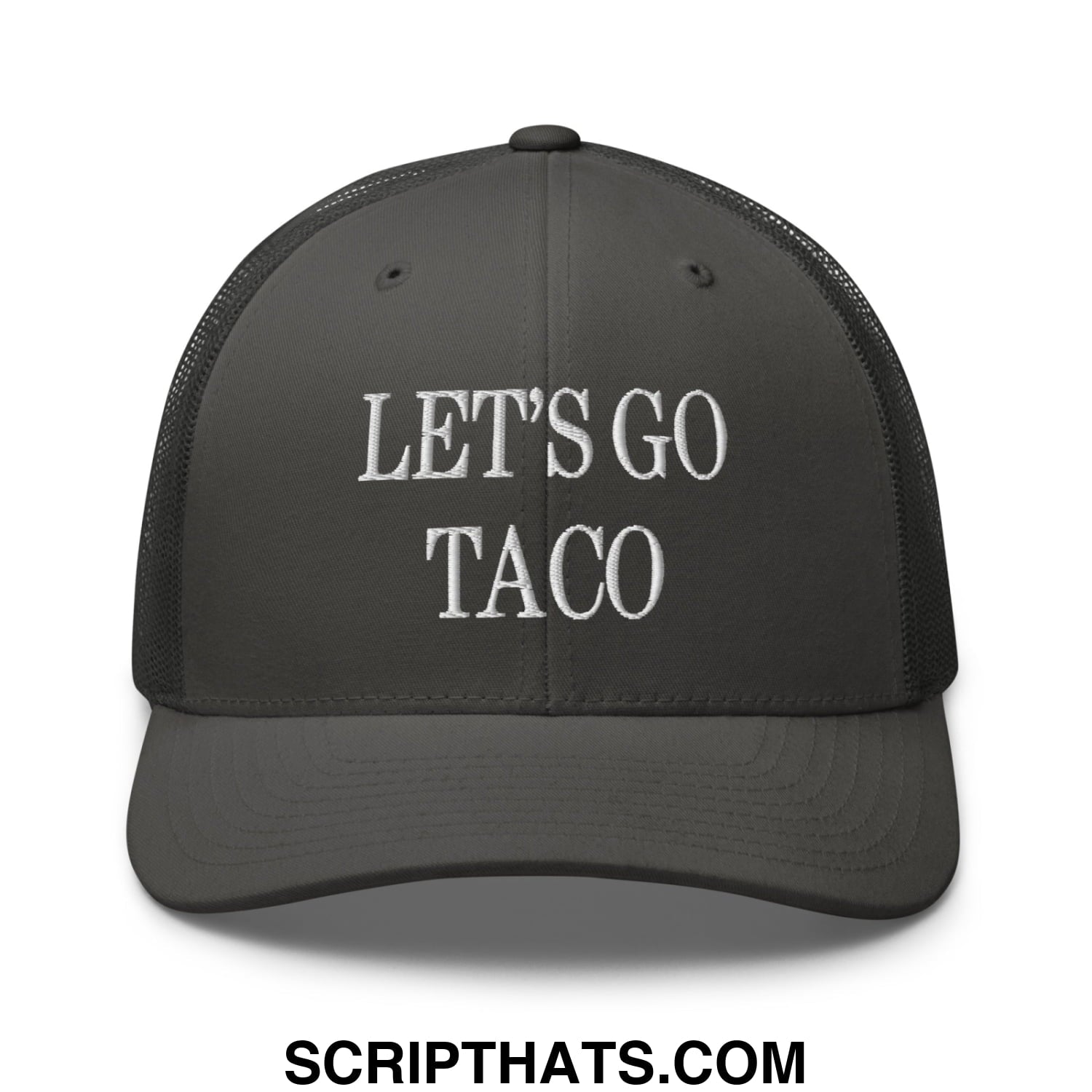 Dark gray mesh trucker hat with white embroidered lets go taco text ideal for casual wear