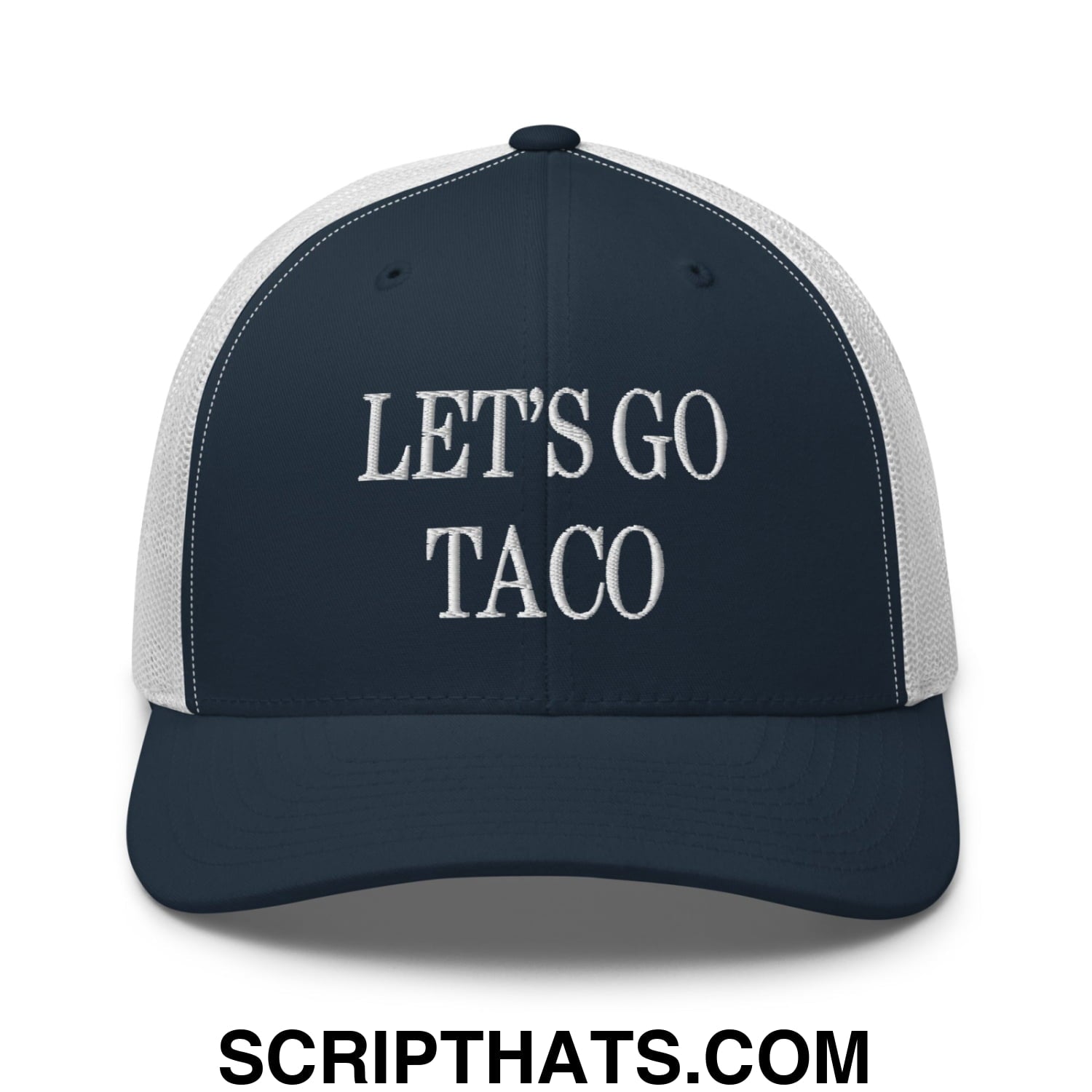 Let's Go Taco Embroidered Mesh Trucker Hat Navy White