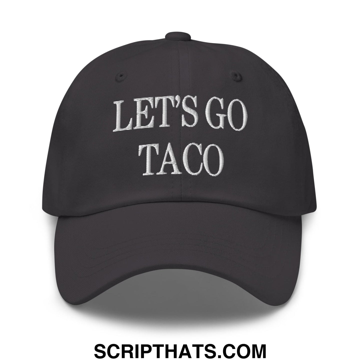 Black unstructured dad hat with white embroidered lets go taco text perfect for casual wear and taco lovers