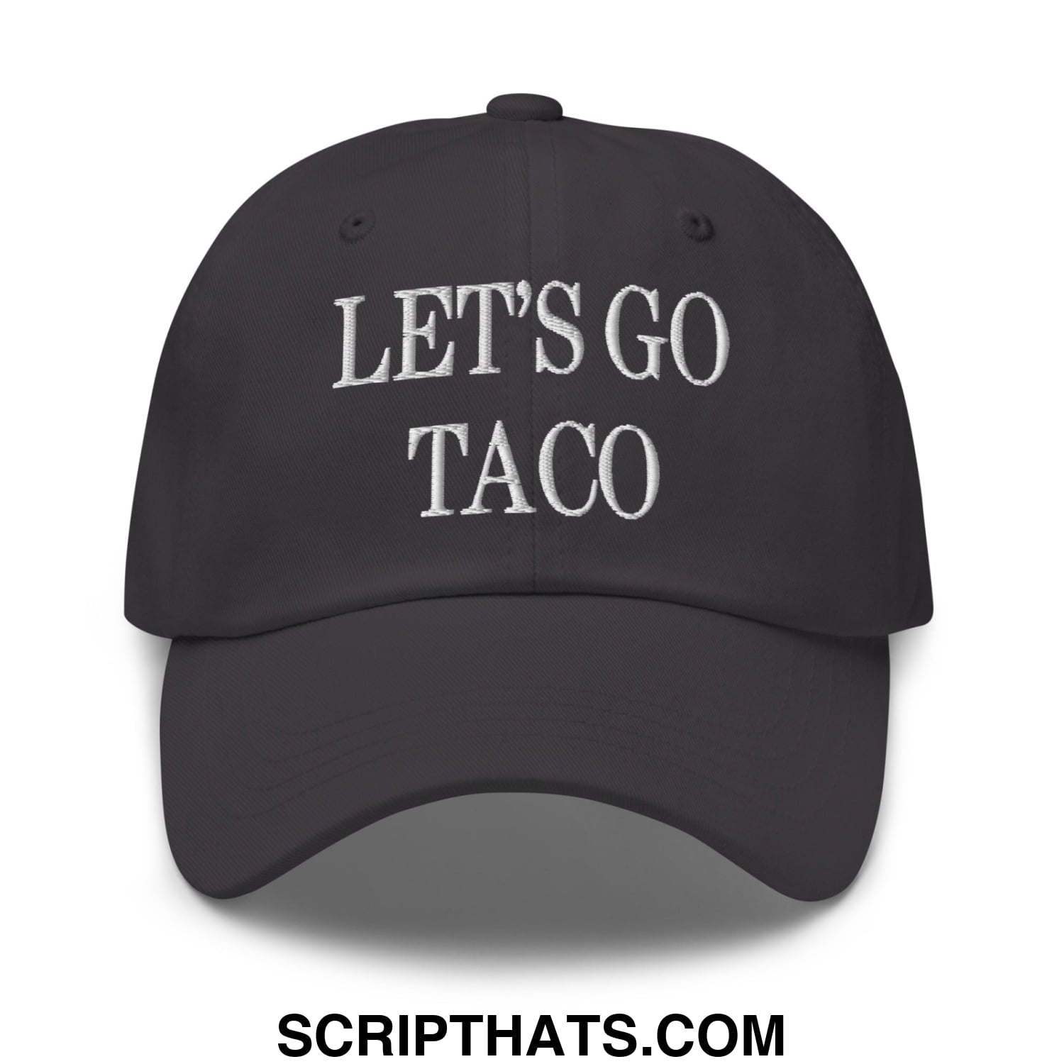 Black unstructured dad hat with white embroidered lets go taco text perfect for casual wear and taco lovers