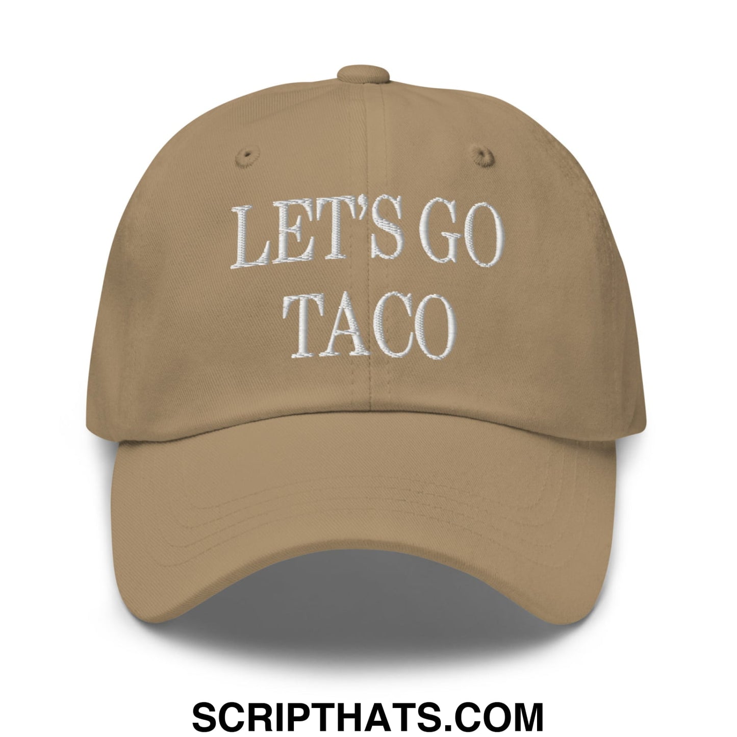 Tan unstructured dad hat with white embroidered let’s go taco text perfect for casual taco-themed wear