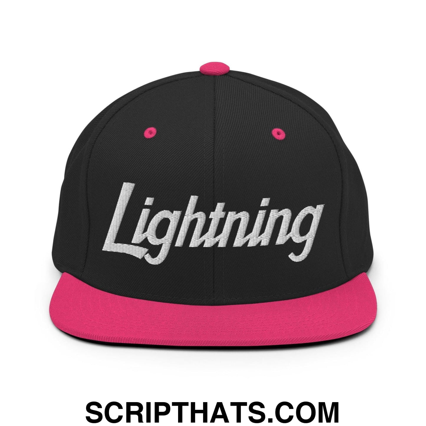 Lightning School Mascot Script Snapback Hat Black Neon Pink