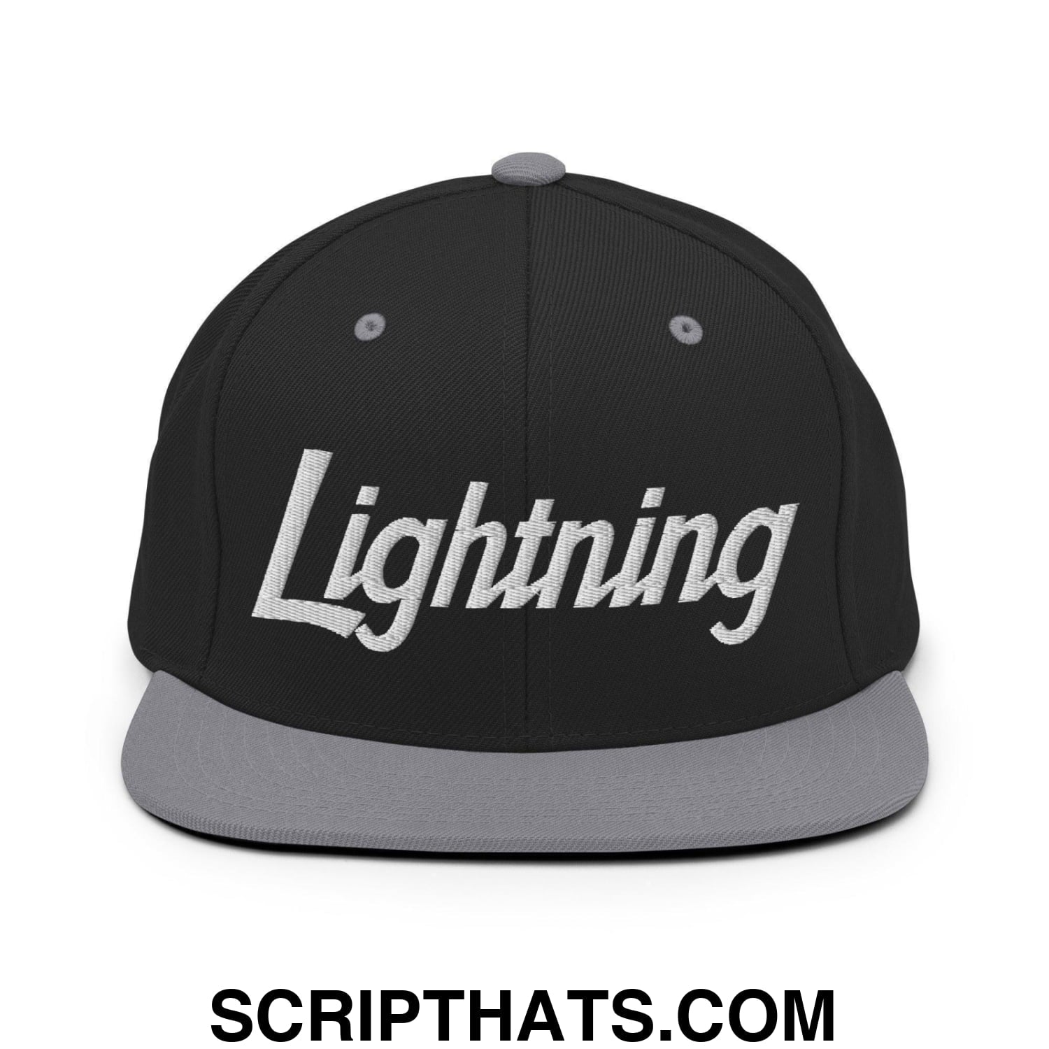 Lightning School Mascot Script Snapback Hat Black Silver