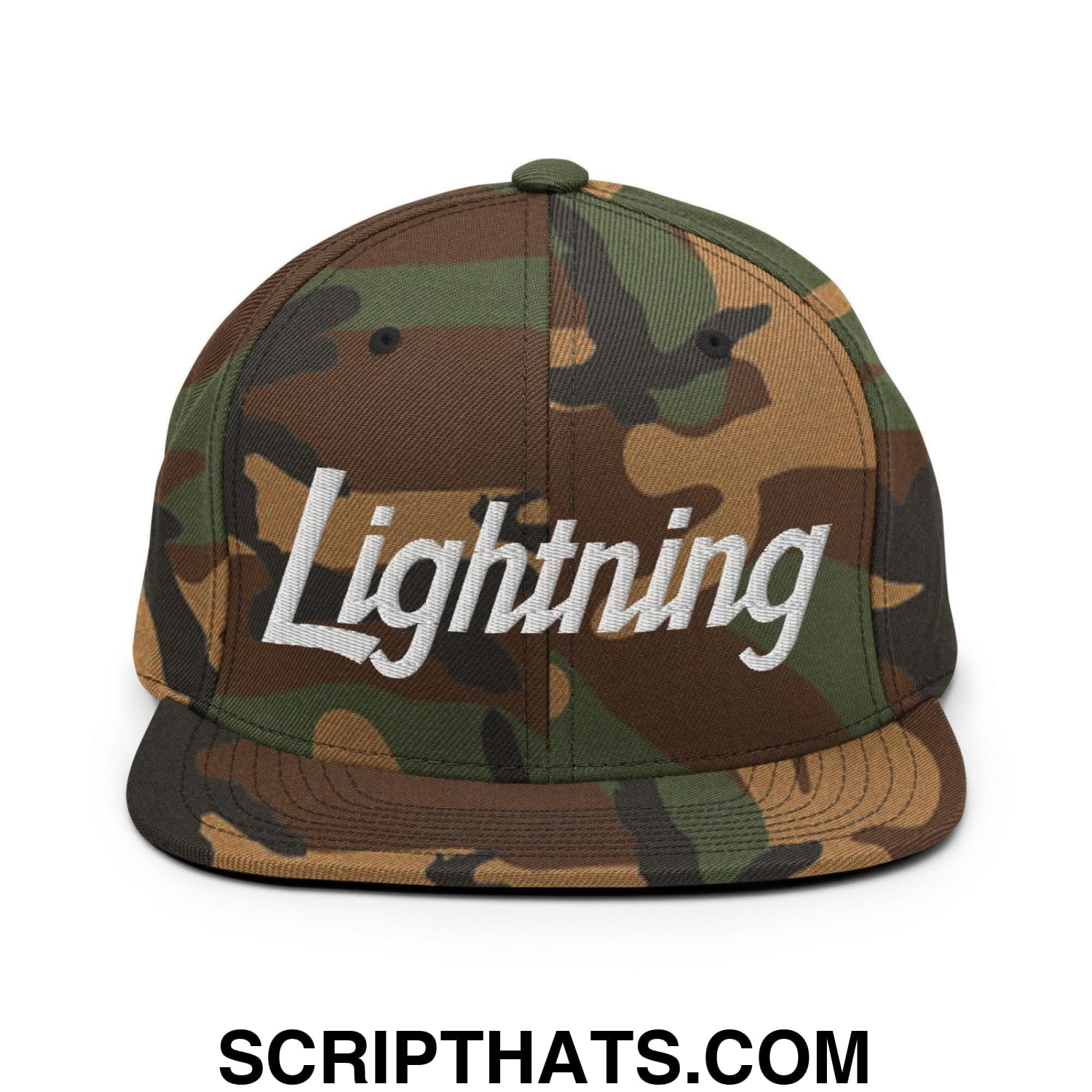 Lightning School Mascot Script Snapback Hat Green Camo