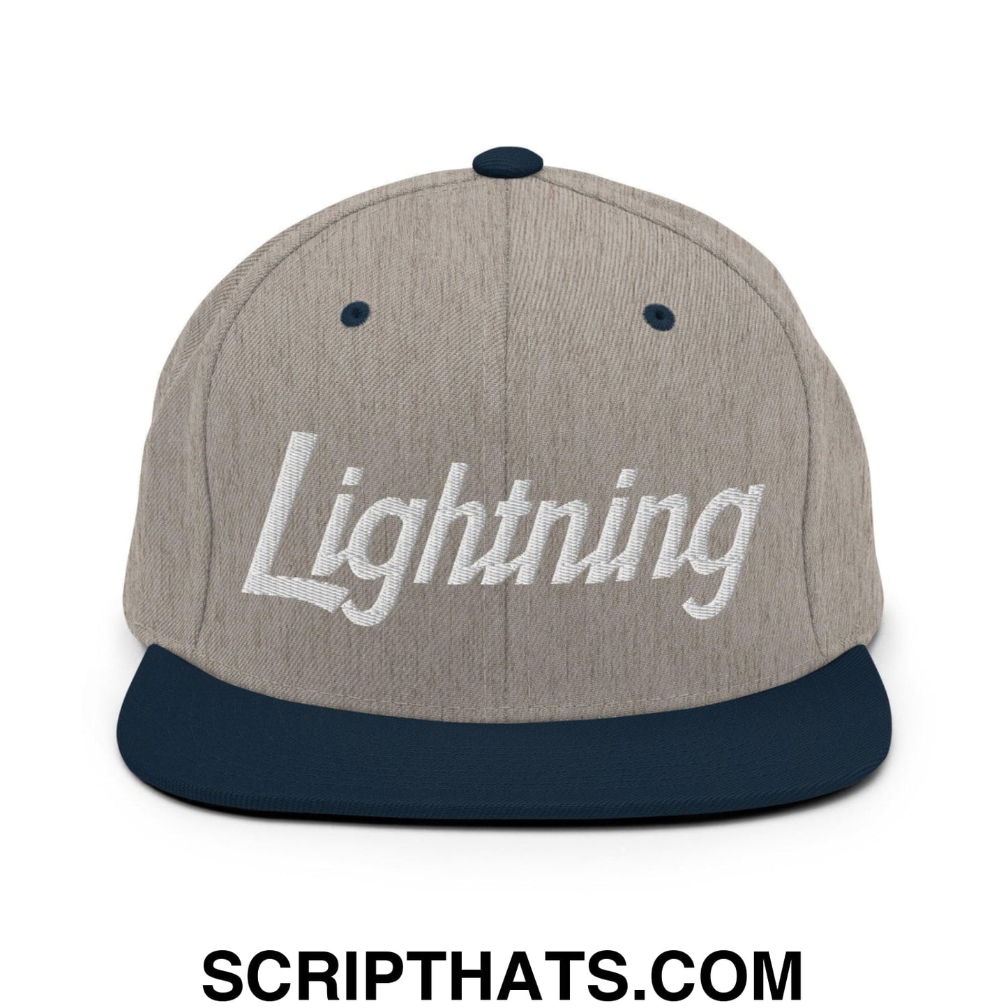 Lightning School Mascot Script Snapback Hat Heather Grey Navy