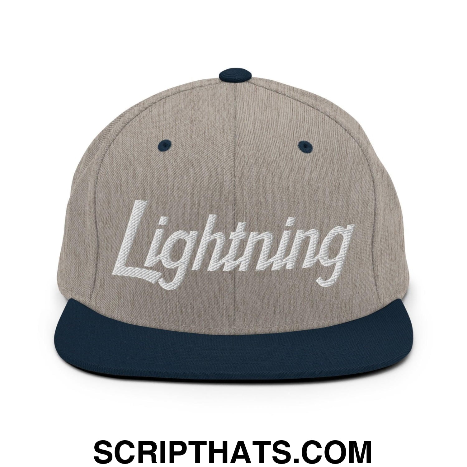 Lightning School Mascot Script Snapback Hat Heather Grey Navy