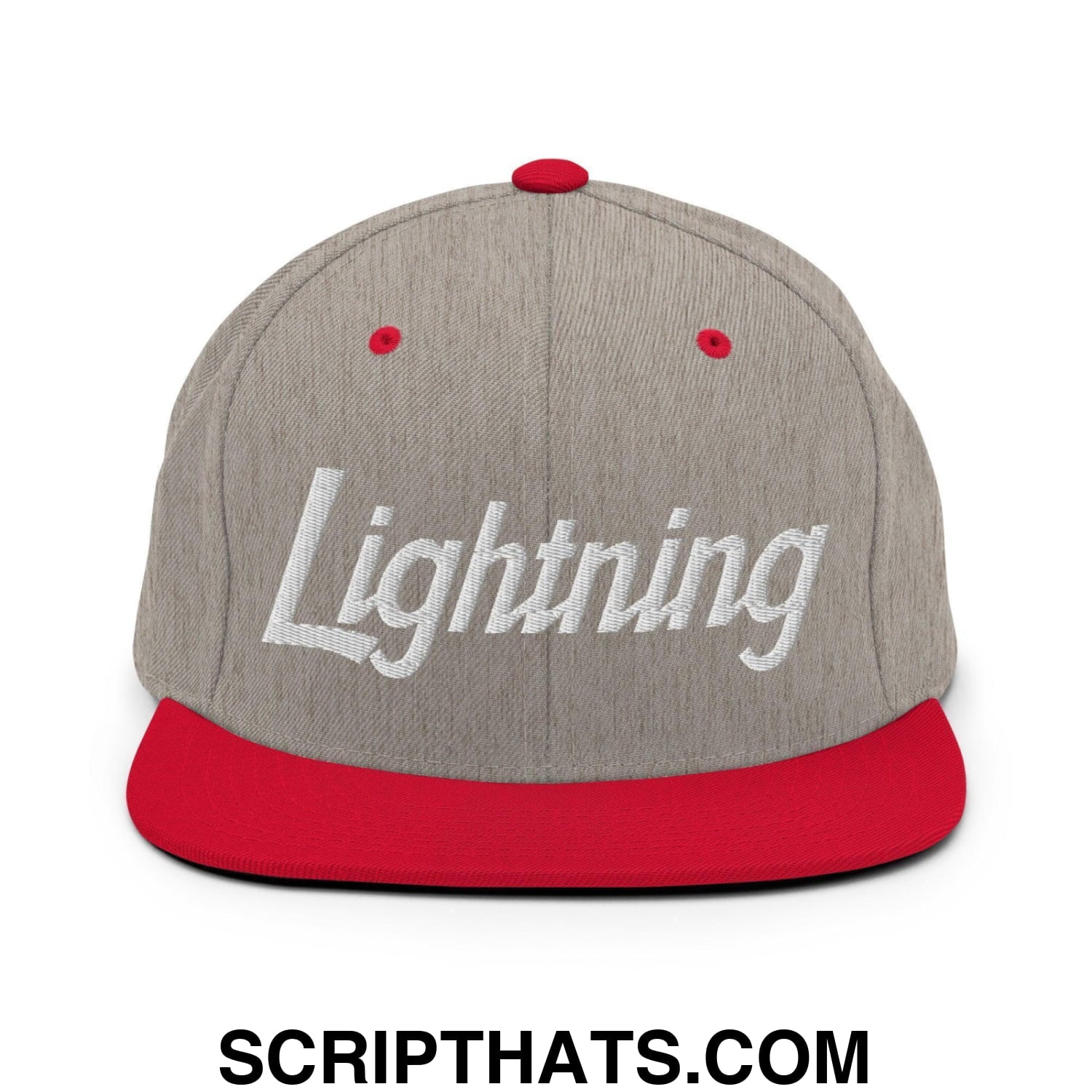 Lightning School Mascot Script Snapback Hat Heather Grey Red