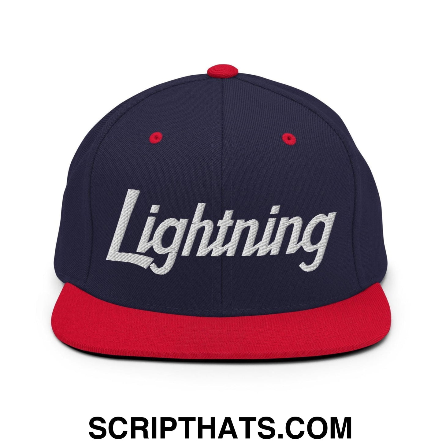 Lightning School Mascot Script Snapback Hat Navy Red