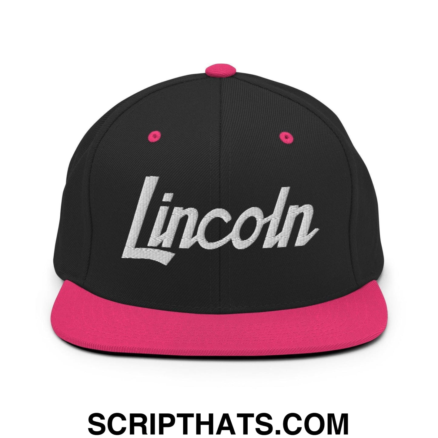 Lincoln Script Snapback Hat Black Neon Pink