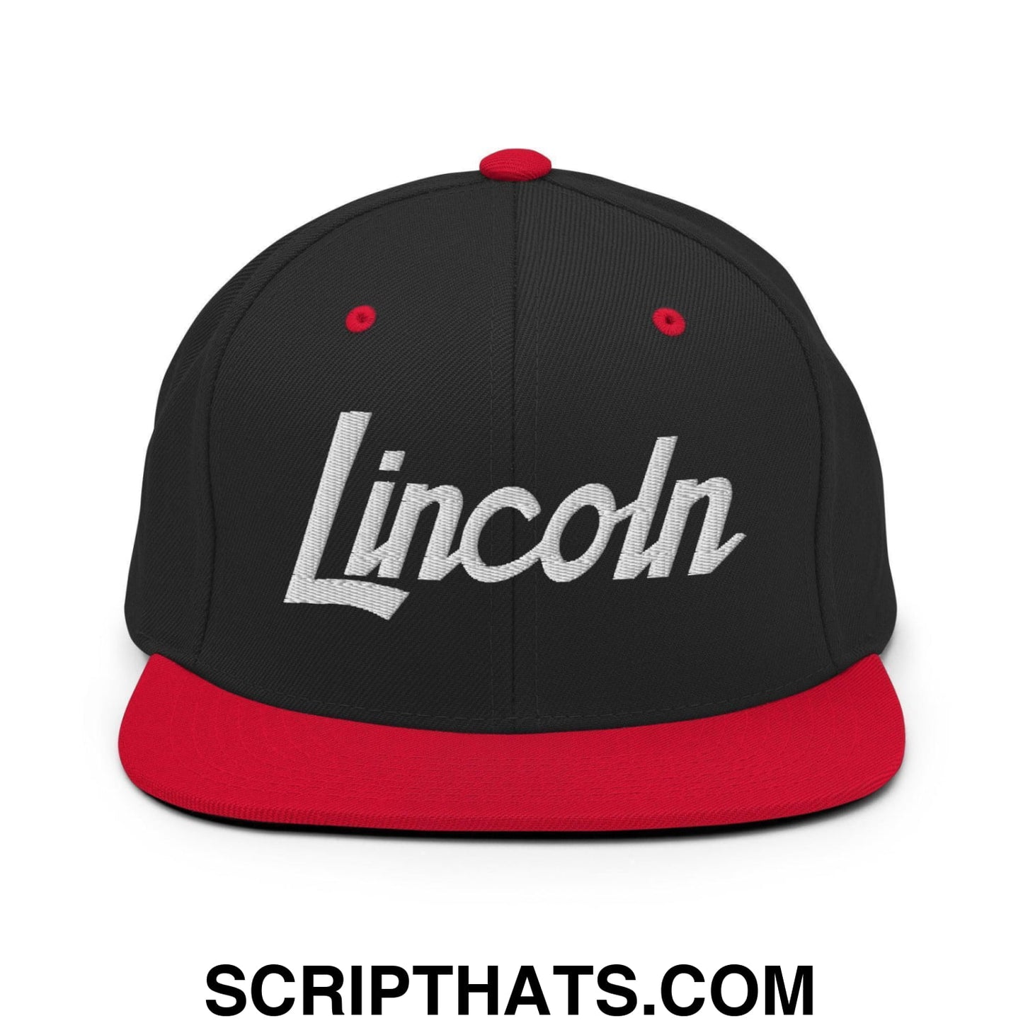 Lincoln Script Snapback Hat Black Red