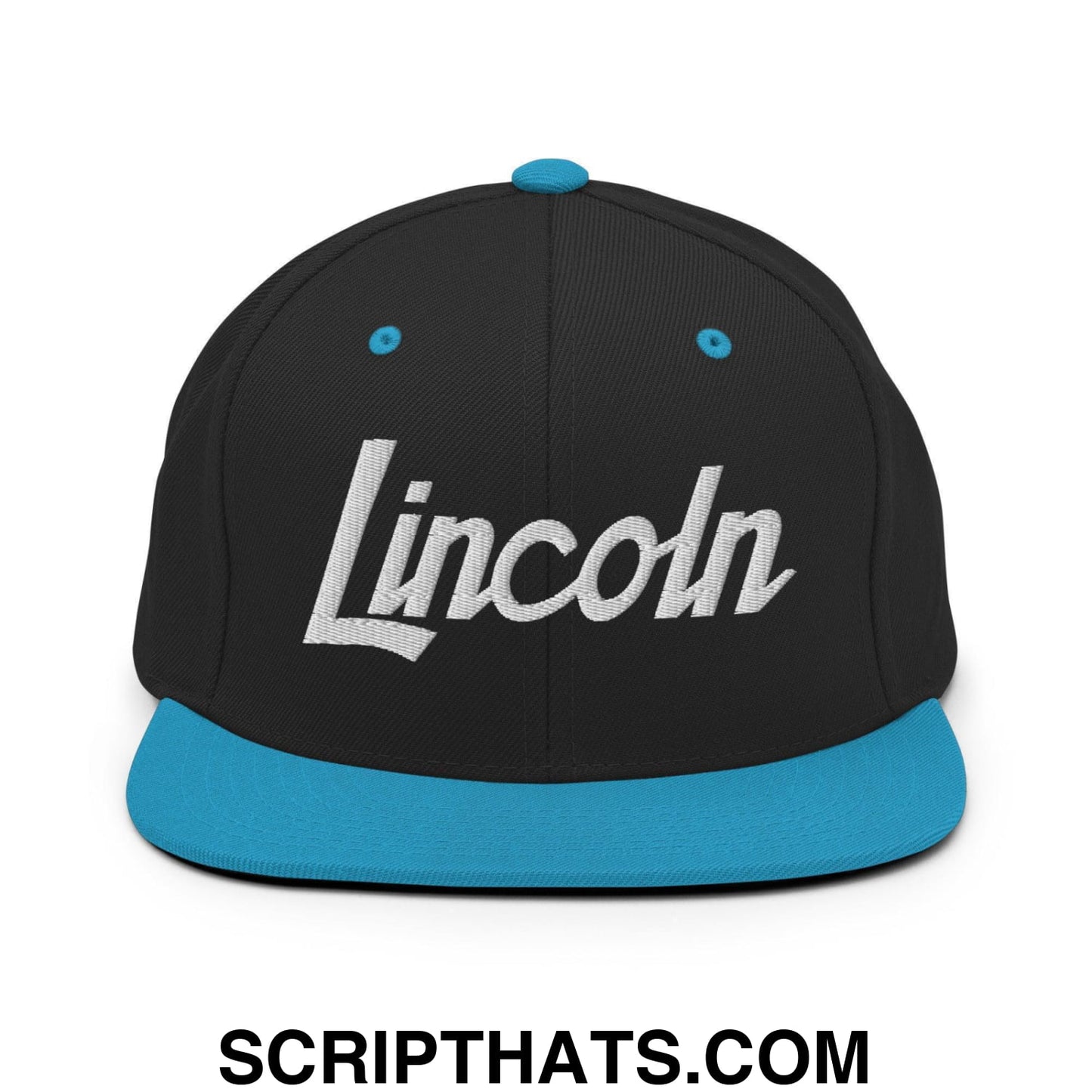 Lincoln Script Snapback Hat Black Teal