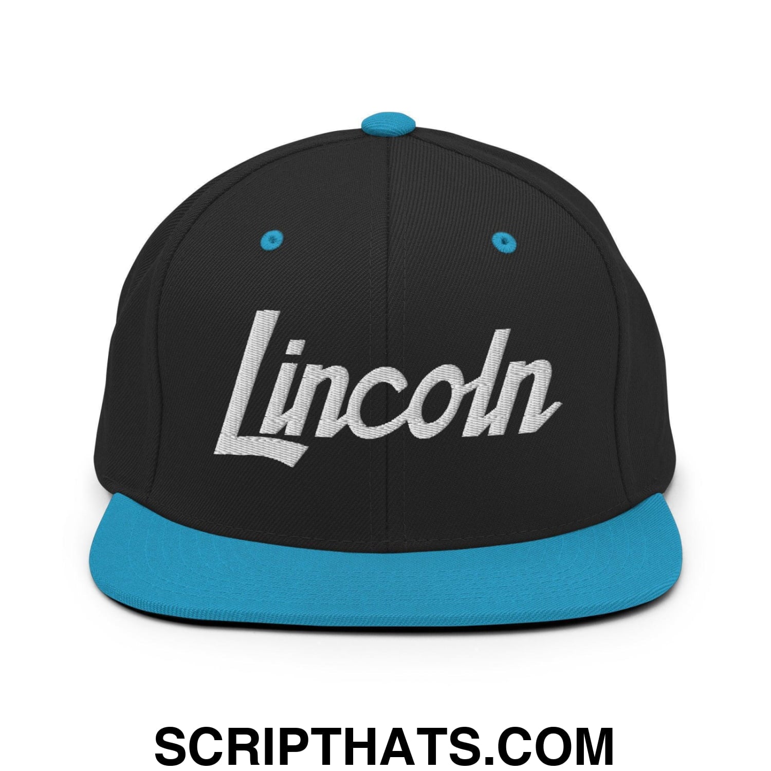 Lincoln Script Snapback Hat Black Teal