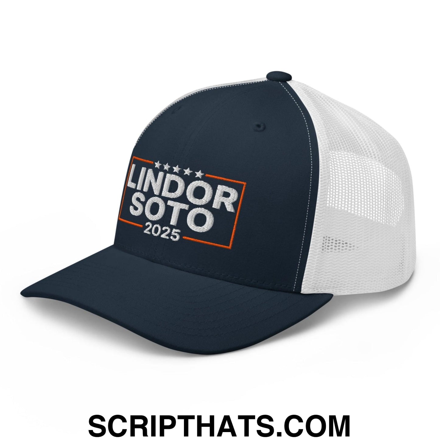 Lindor Soto 2025 Embroidered Mesh Trucker Hat Navy White