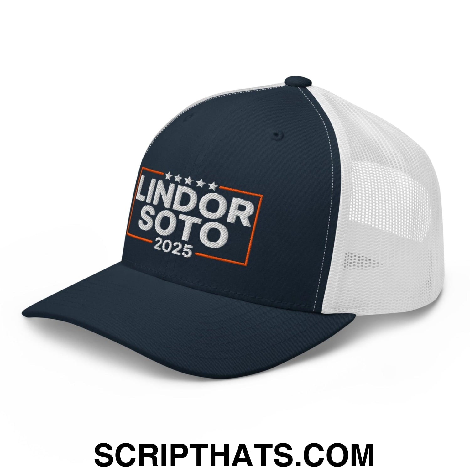 Lindor Soto 2025 Embroidered Mesh Trucker Hat Navy White