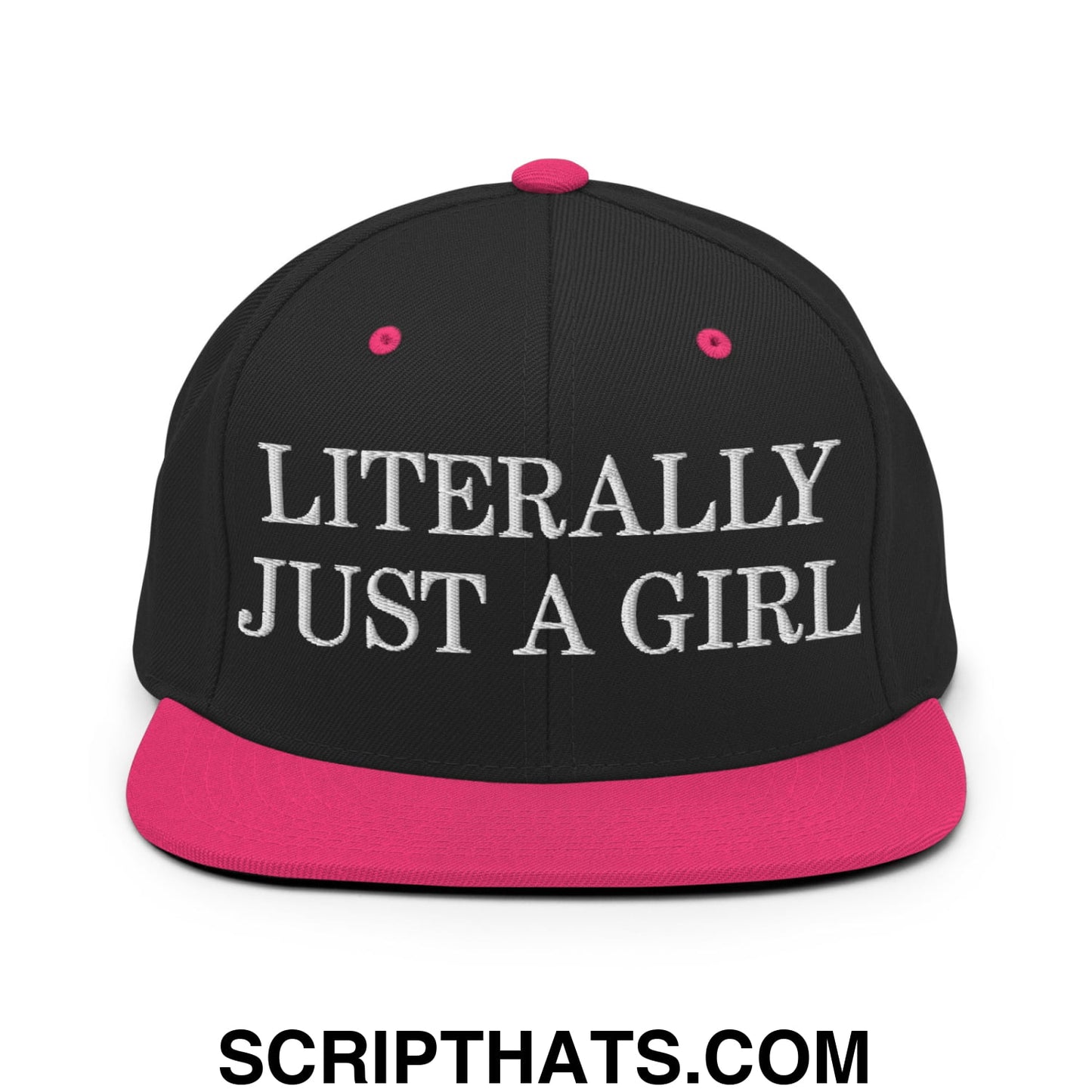 Literally Just a Girl Embroidered Flat Bill Brim Snapback Hat Black Neon Pink