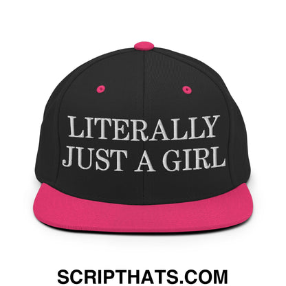 Literally Just a Girl Embroidered Flat Bill Brim Snapback Hat Black Neon Pink