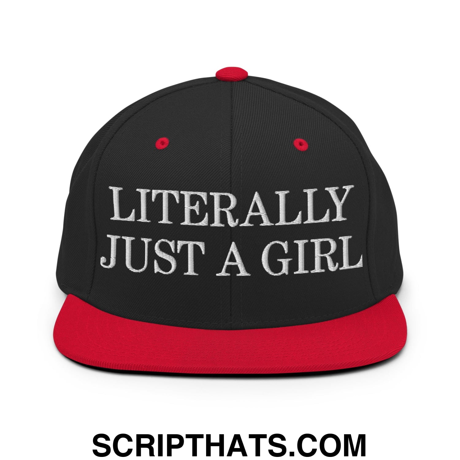 Literally Just a Girl Embroidered Flat Bill Brim Snapback Hat Black Red