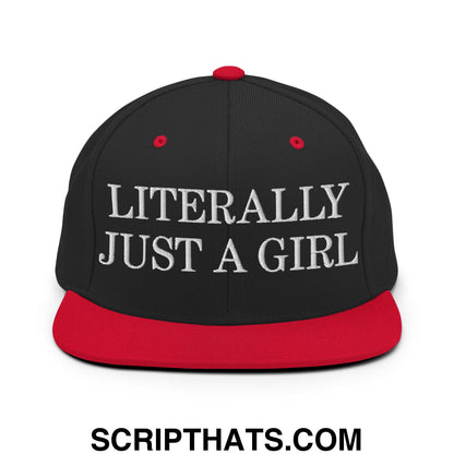 Literally Just a Girl Embroidered Flat Bill Brim Snapback Hat Black Red