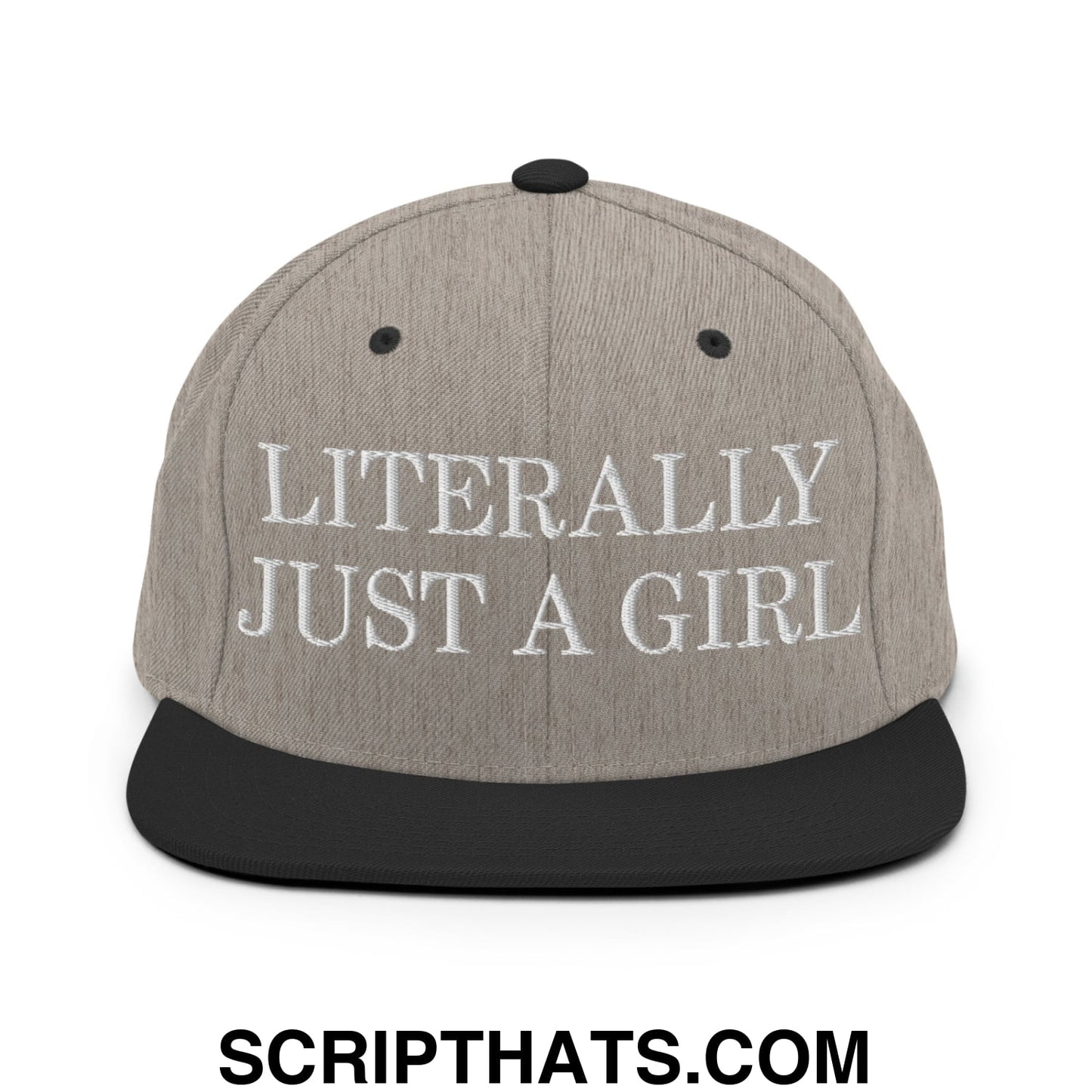 Literally Just a Girl Embroidered Flat Bill Brim Snapback Hat Heather Black