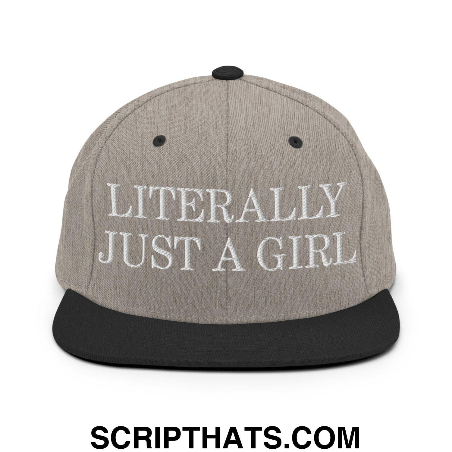 Literally Just a Girl Embroidered Flat Bill Brim Snapback Hat Heather Black