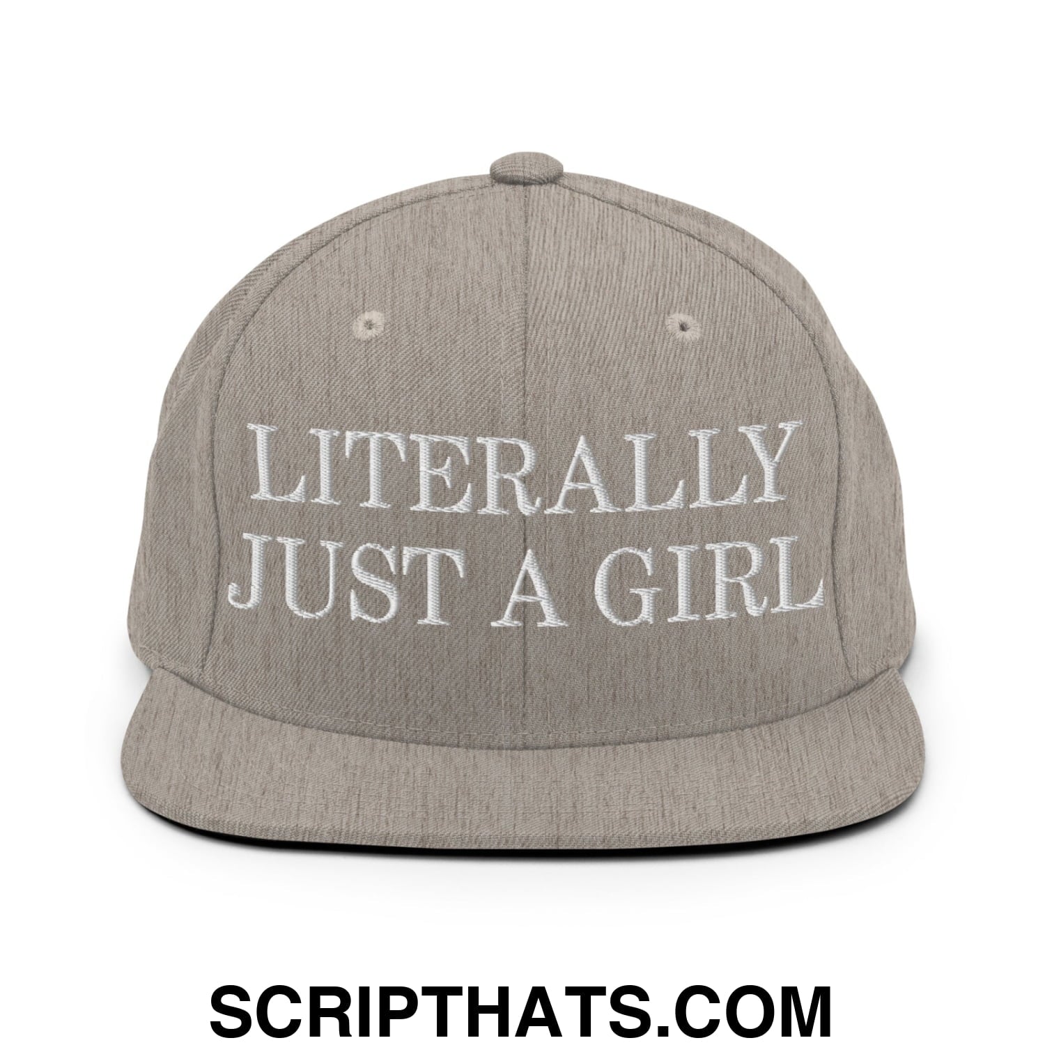 Literally Just a Girl Embroidered Flat Bill Brim Snapback Hat Heather Grey