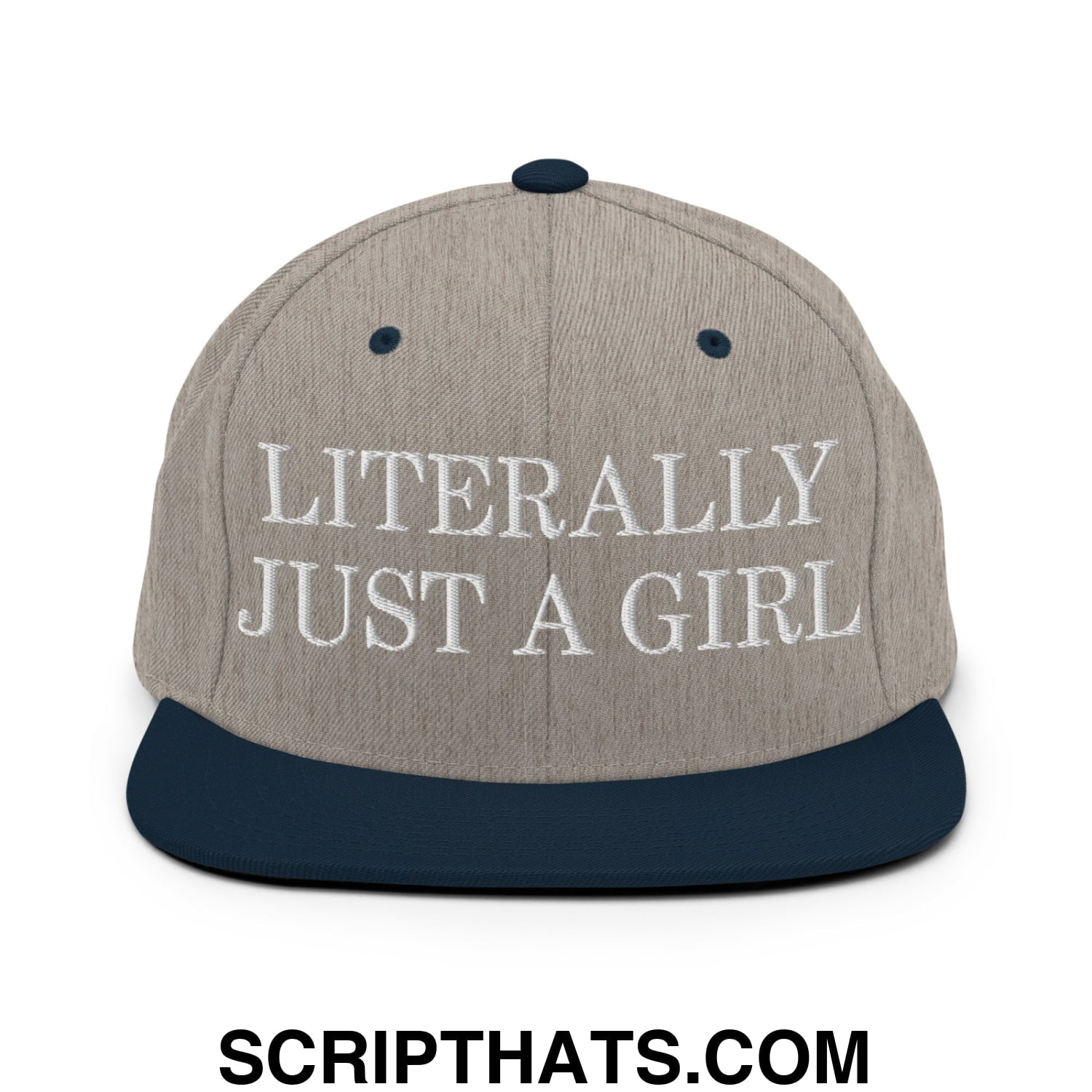 Literally Just a Girl Embroidered Flat Bill Brim Snapback Hat Heather Grey Navy