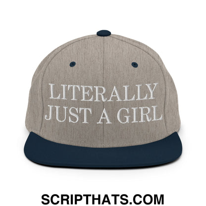 Literally Just a Girl Embroidered Flat Bill Brim Snapback Hat Heather Grey Navy