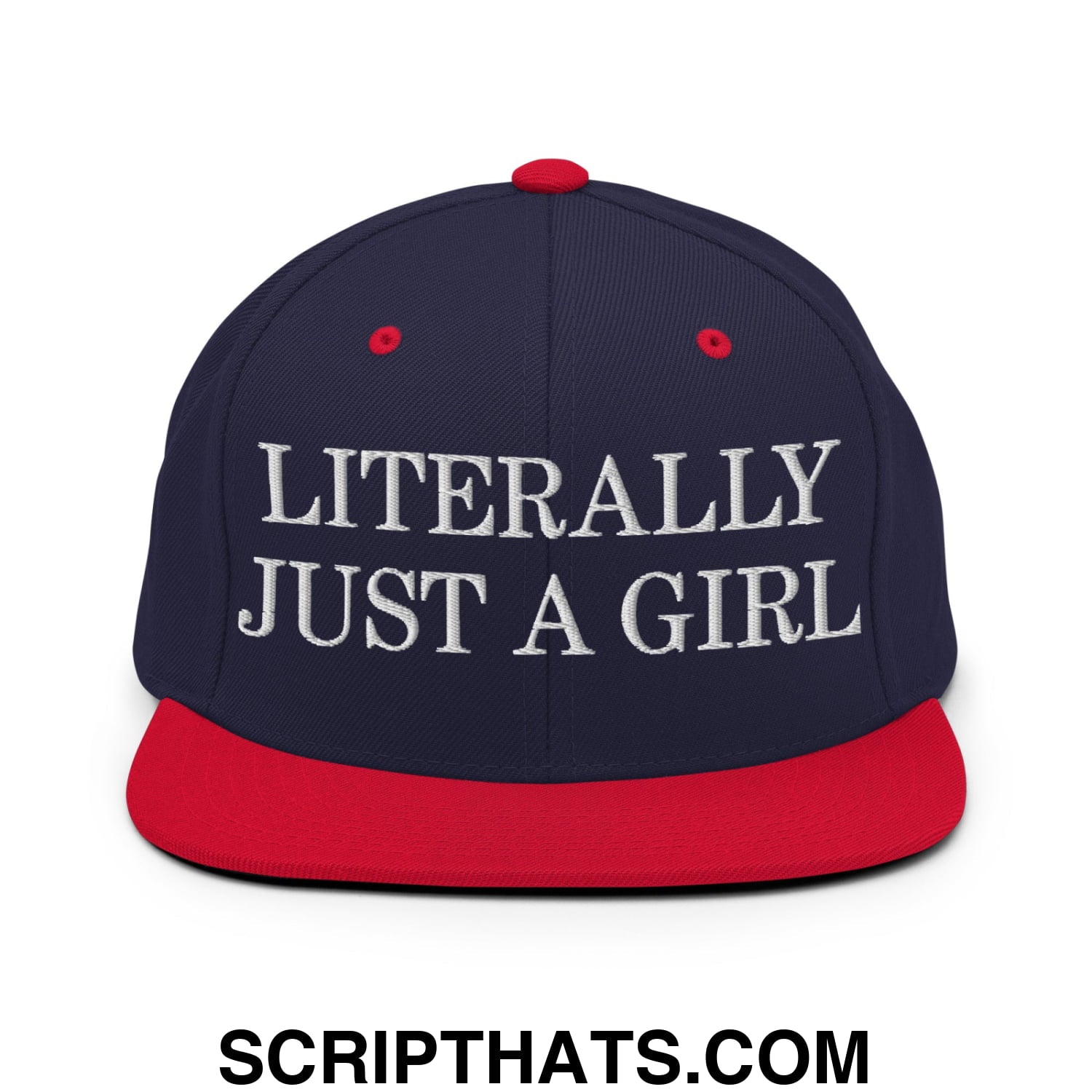 Literally Just a Girl Embroidered Flat Bill Brim Snapback Hat Navy Red
