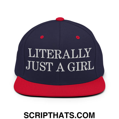 Literally Just a Girl Embroidered Flat Bill Brim Snapback Hat Navy Red