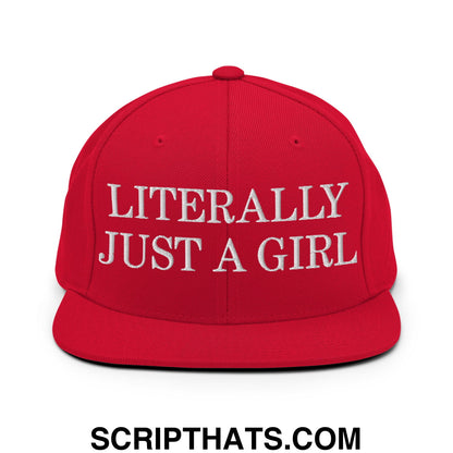 Literally Just a Girl Embroidered Flat Bill Brim Snapback Hat Red