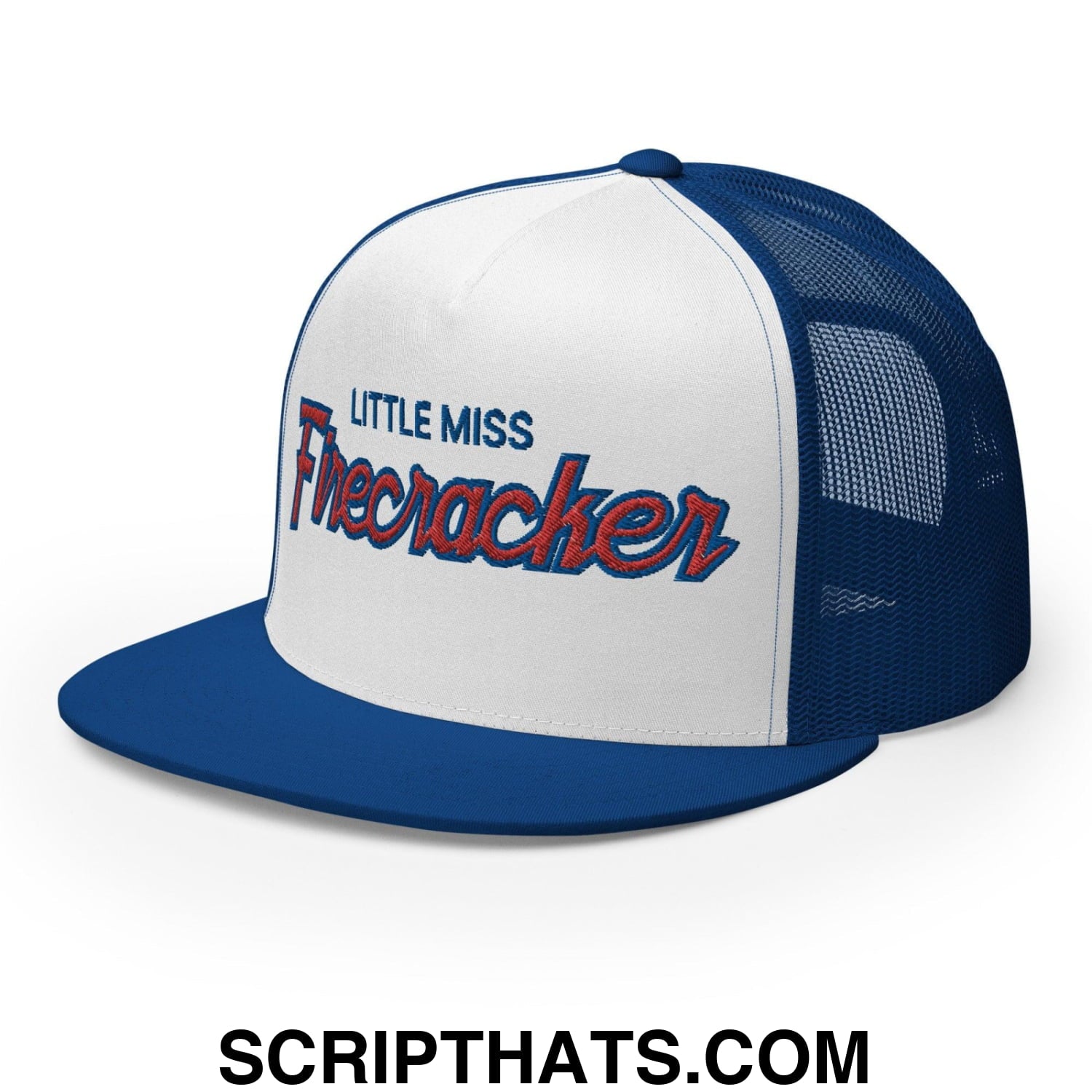 Little Miss Firecracker 4th of July Funny Snapback Trucker Hat Royal White Royal