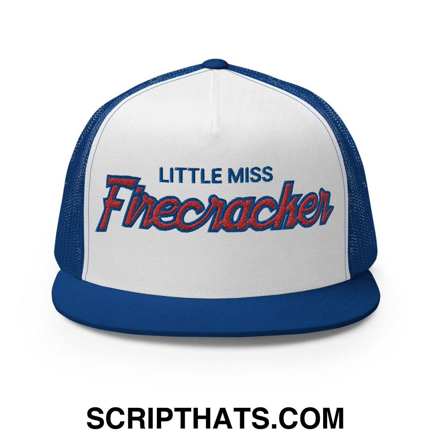 Little Miss Firecracker 4th of July Funny Snapback Trucker Hat Royal White Royal
