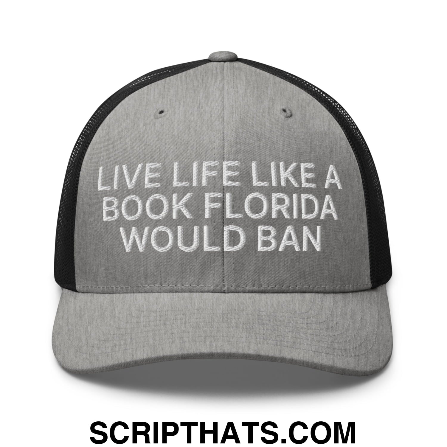 Live Life Like a Book Florida Would Ban Embroidered Mesh Trucker Hat Heather Black