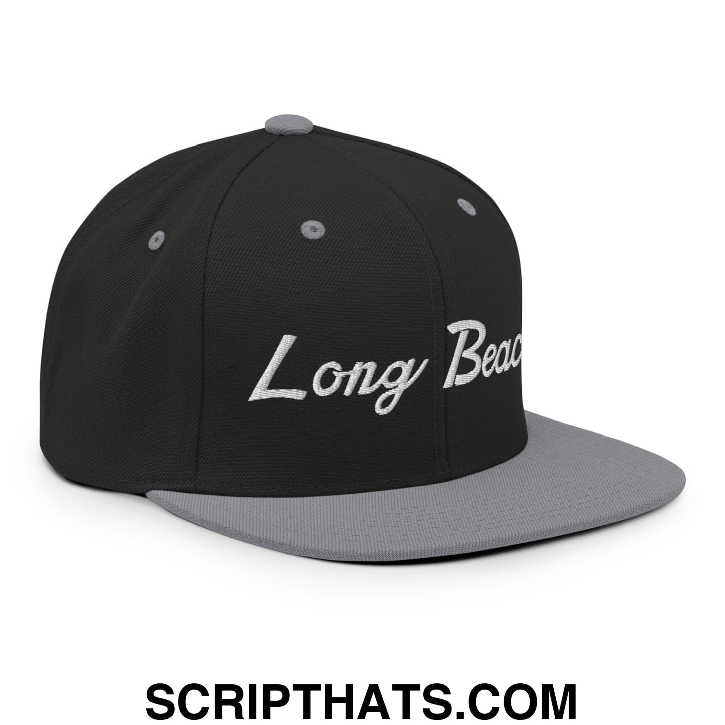 Long Beach Classic Sports Script Embroidered Flat Bill Brim Snapback Hat Black Silver
