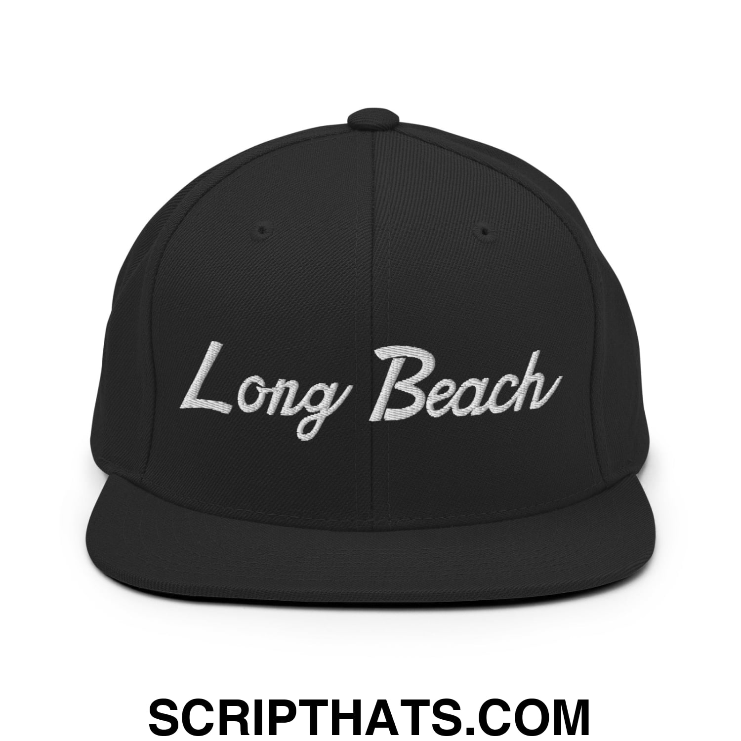 Long Beach Classic Sports Script Embroidered Flat Bill Brim Snapback Hat Black