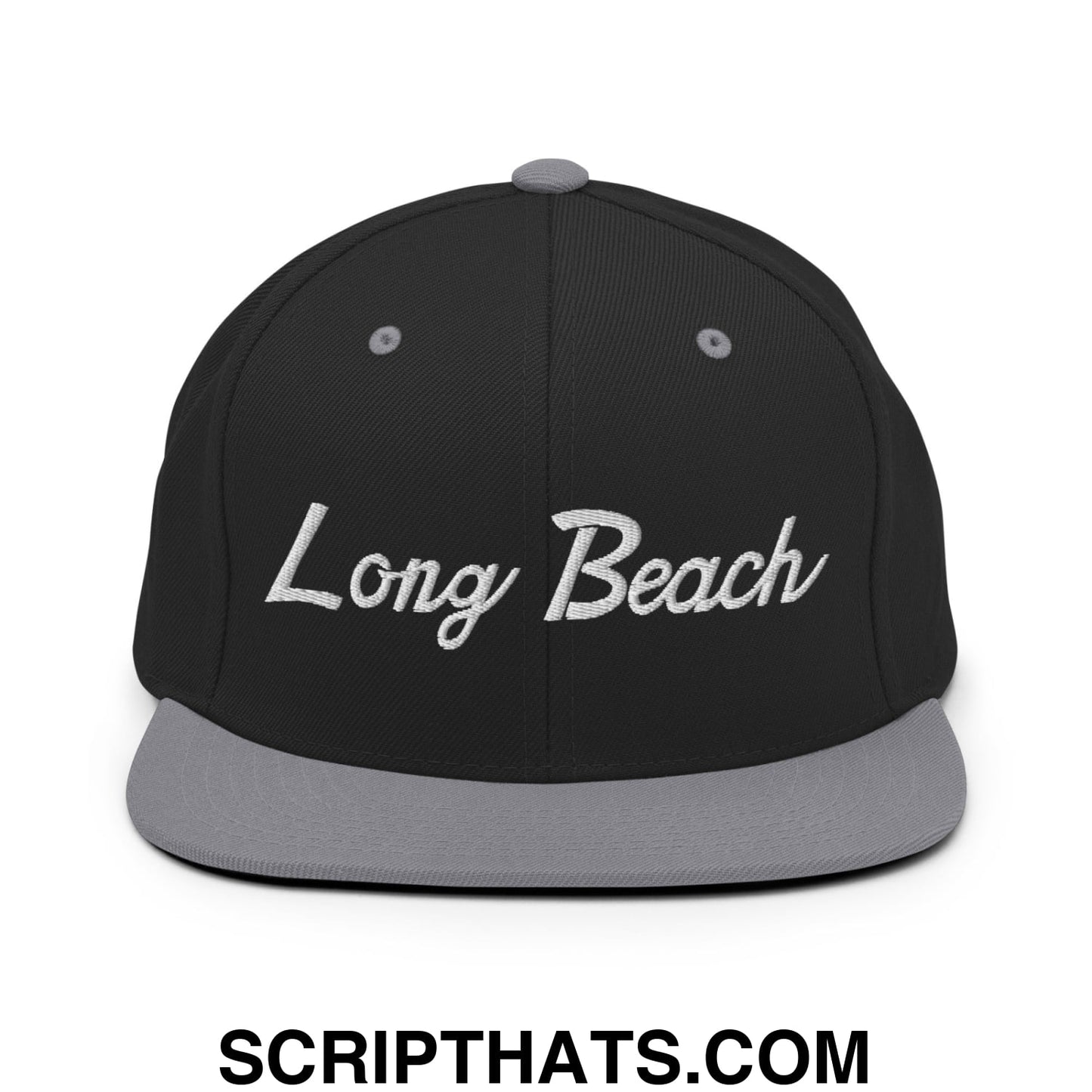 Long Beach Classic Sports Script Embroidered Flat Bill Brim Snapback Hat Black Silver