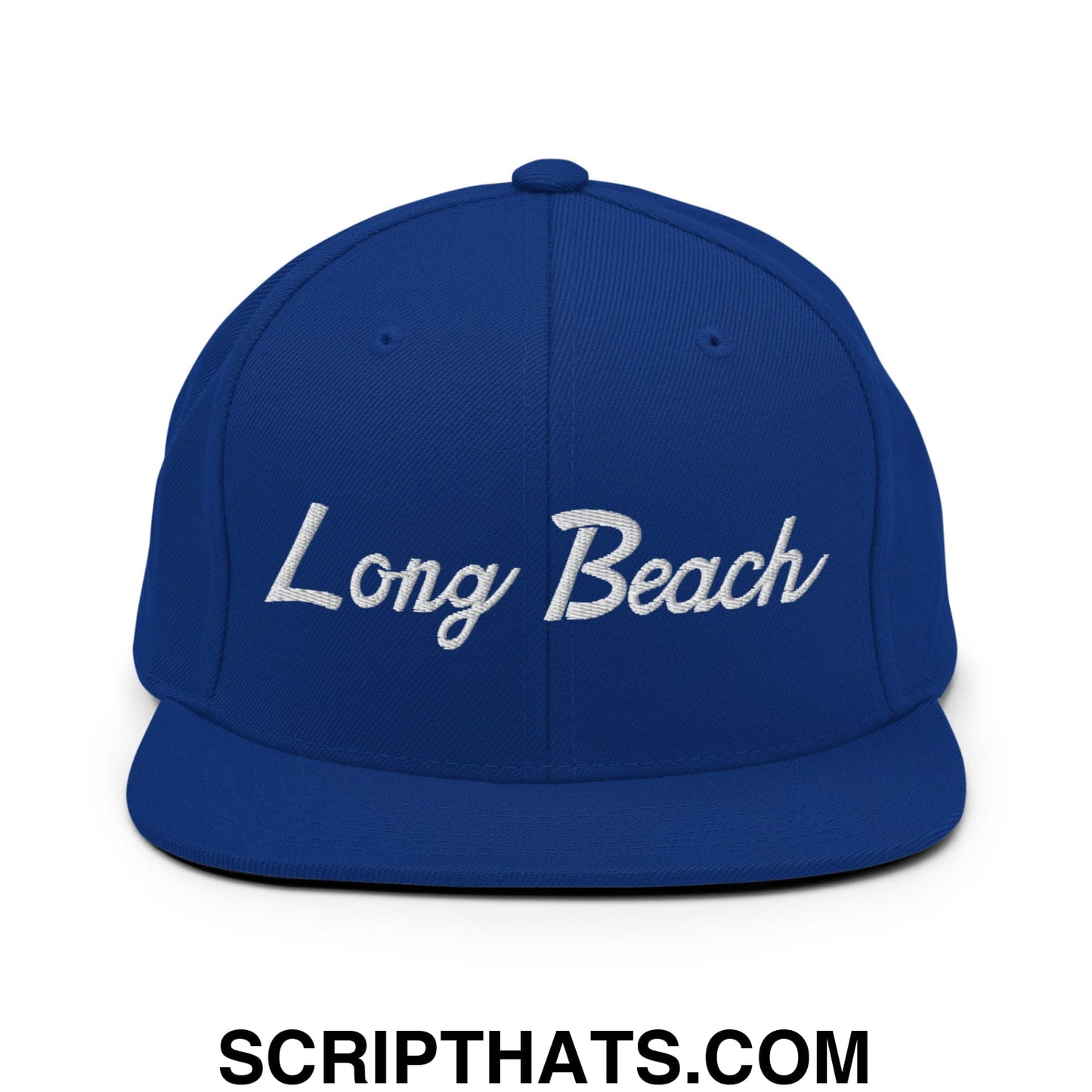 Long Beach Classic Sports Script Embroidered Flat Bill Brim Snapback Hat Royal Blue
