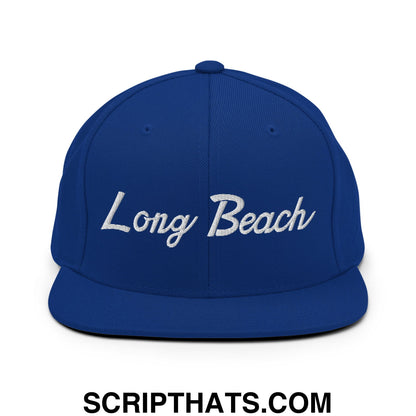 Long Beach Classic Sports Script Embroidered Flat Bill Brim Snapback Hat Royal Blue