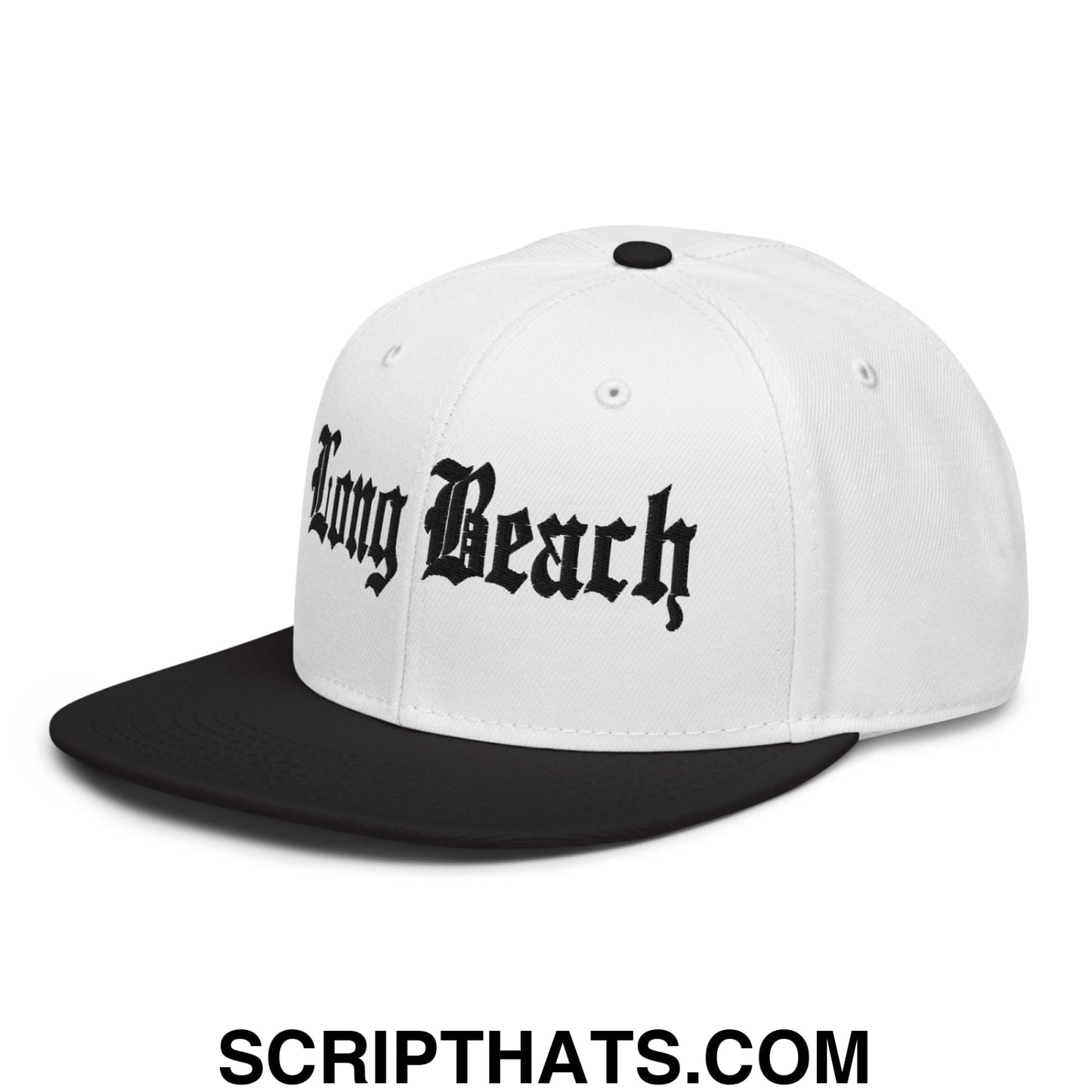 Long Beach II Old English Snapback Hat Black White White