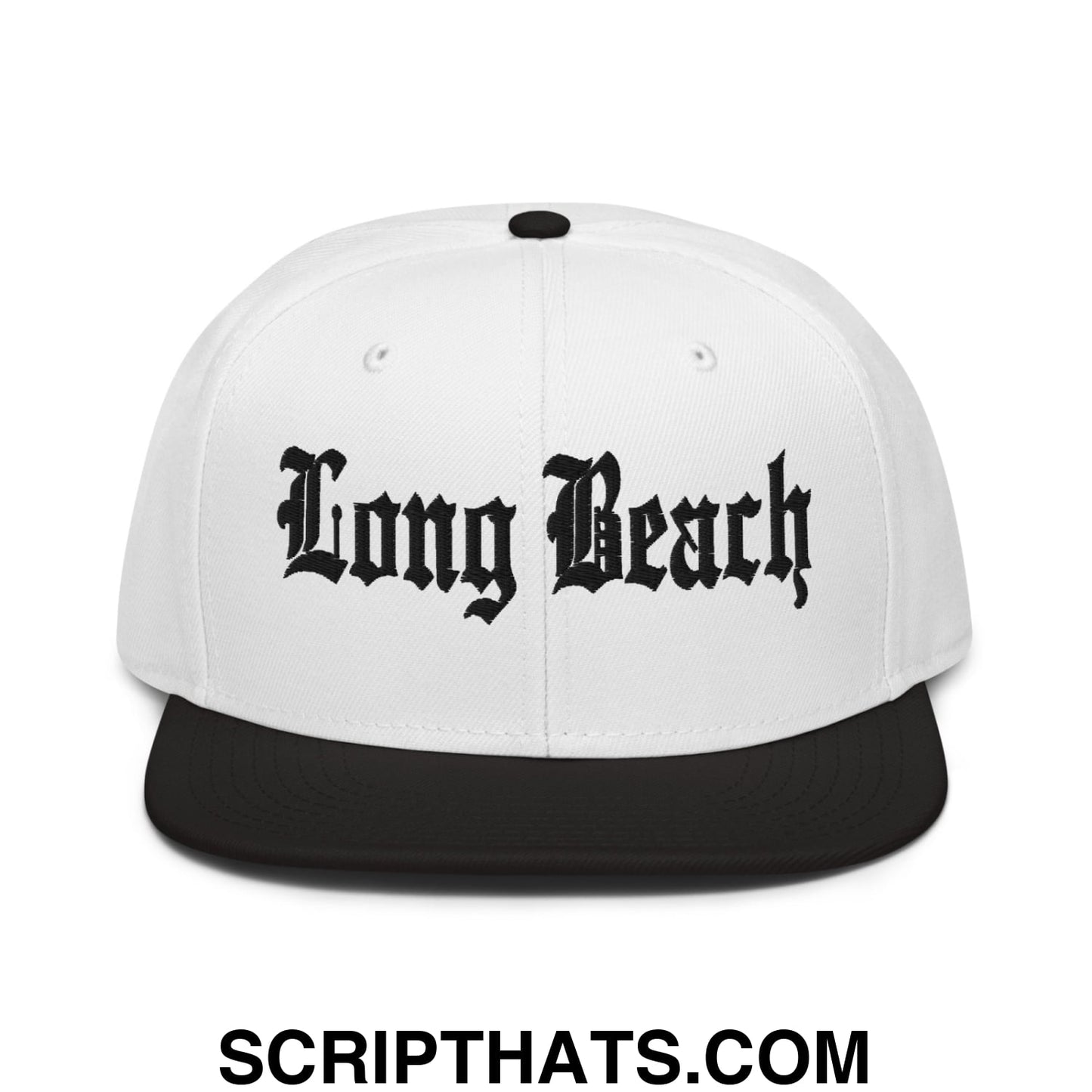 Long Beach II Old English Snapback Hat Black White White