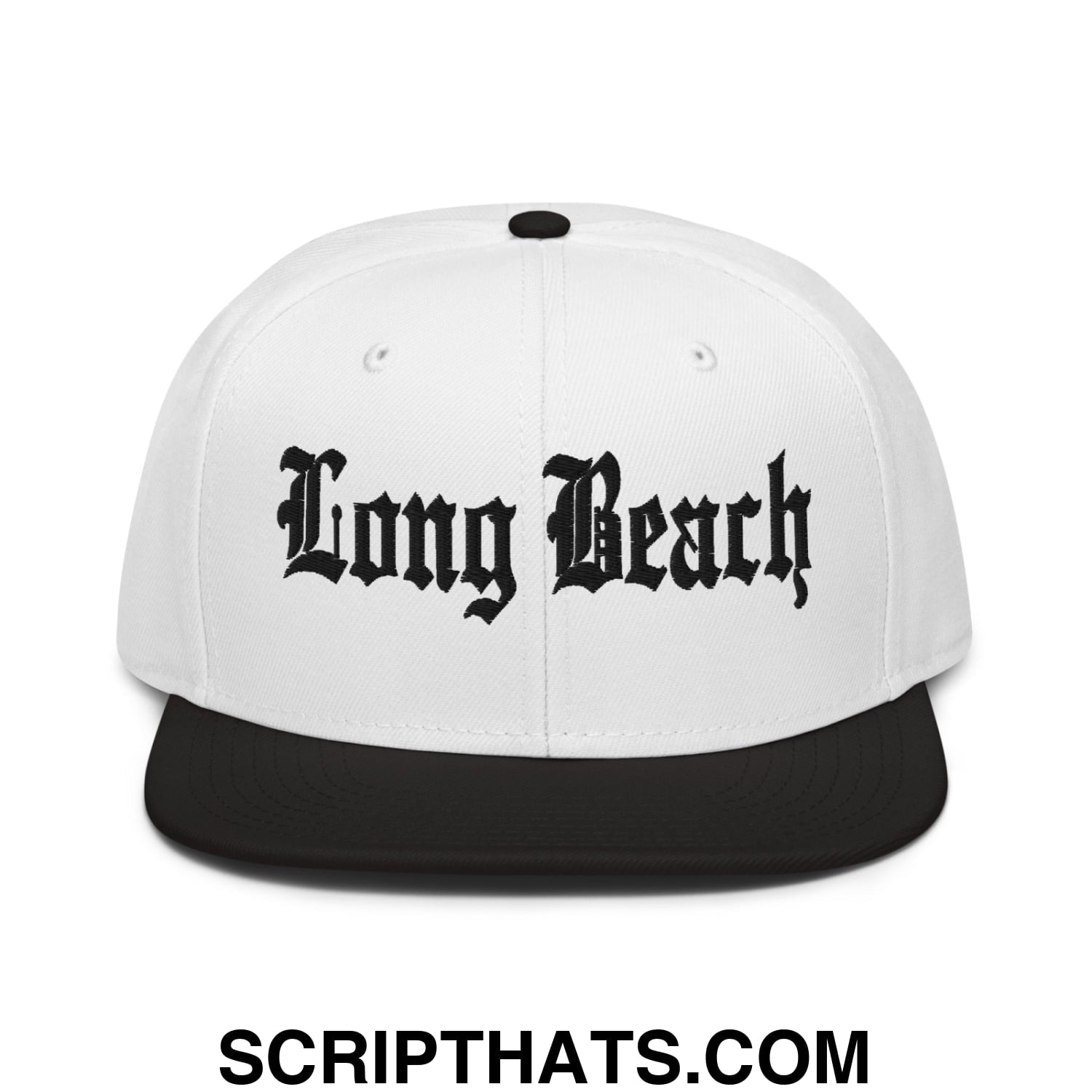 Long Beach II Old English Snapback Hat Black White White