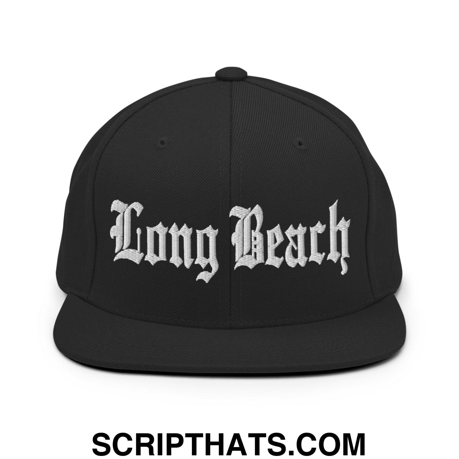 Long Beach Old English Embroidered Flat Bill Brim Snapback Hat Black