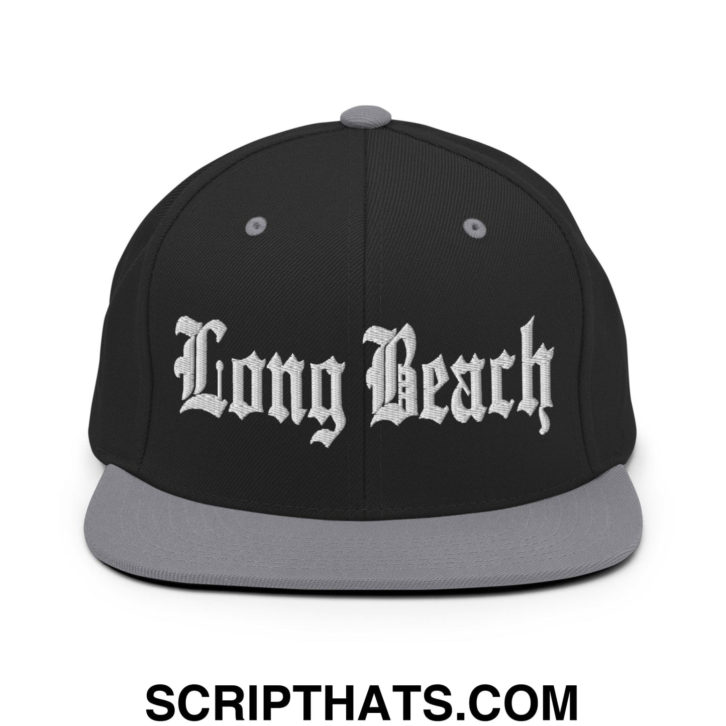 Long Beach Old English Embroidered Flat Bill Brim Snapback Hat Black Silver
