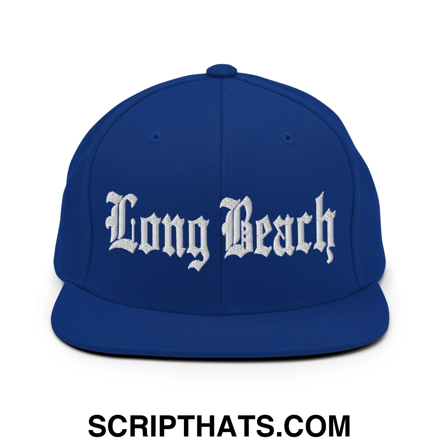 Long Beach Old English Embroidered Flat Bill Brim Snapback Hat Royal Blue