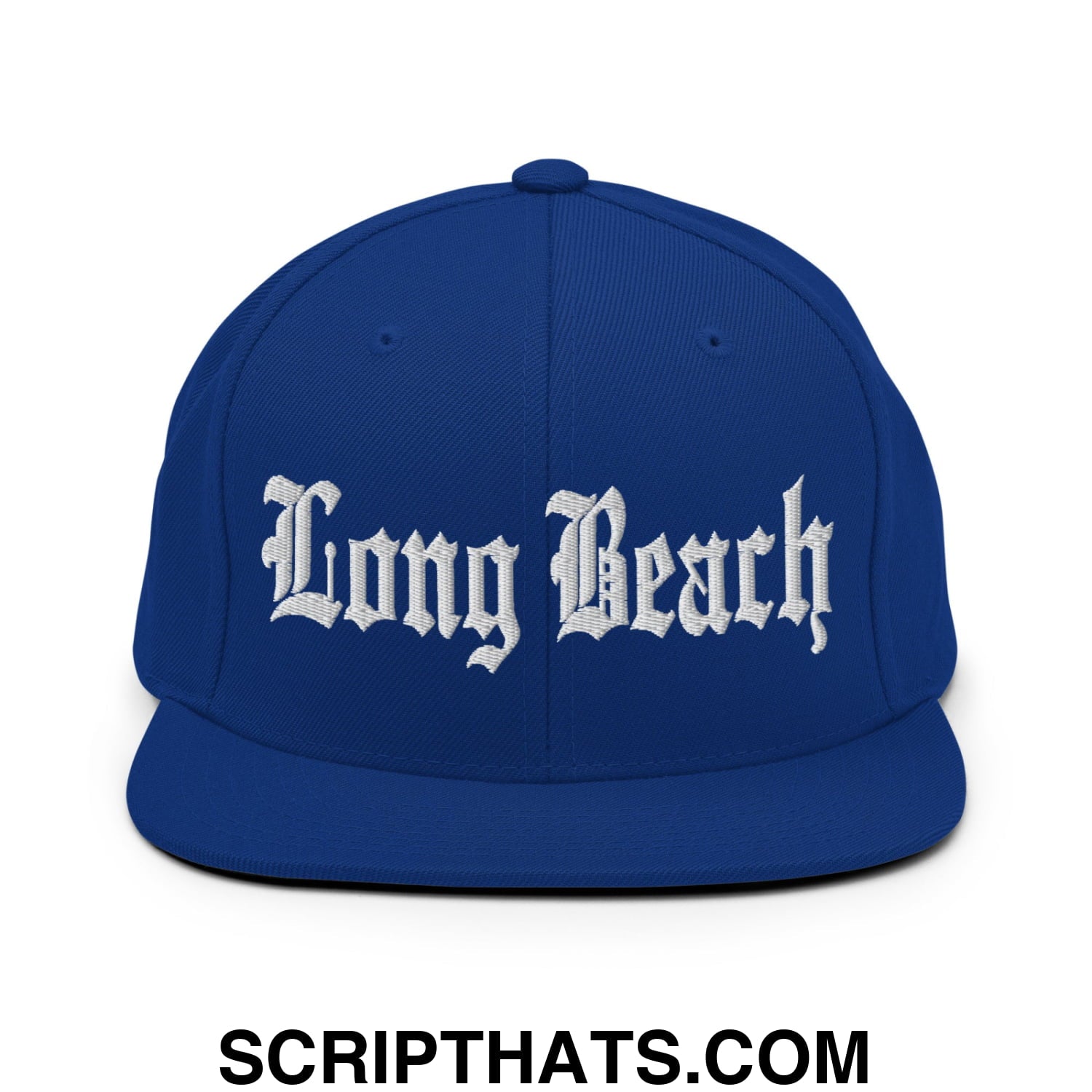 Long Beach Old English Embroidered Flat Bill Brim Snapback Hat Royal Blue